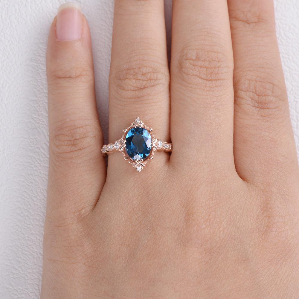 Exquisite London Blue Topaz & Moissanite Art Deco Style Ring - Vintage Inspired Engagement Ring for Women - Perfect for Weddings, Anniversaries & Special Occasions