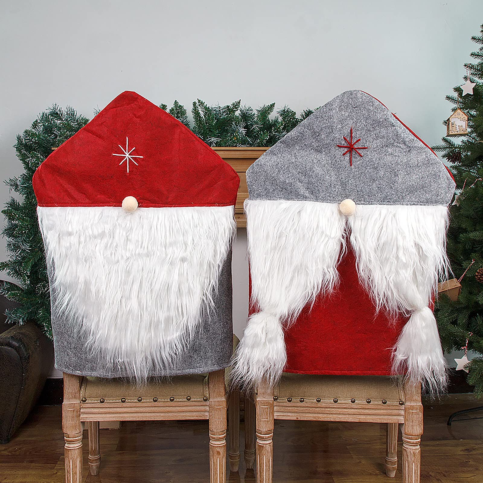 2 Pack Christmas Chair Back Covers - Swedish Gnome & Santa Hat Slipcovers for Dining Chairs | Festive Holiday Party Decor | Perfect for Xmas Dinner, Home Decor & Christmas Celebrations