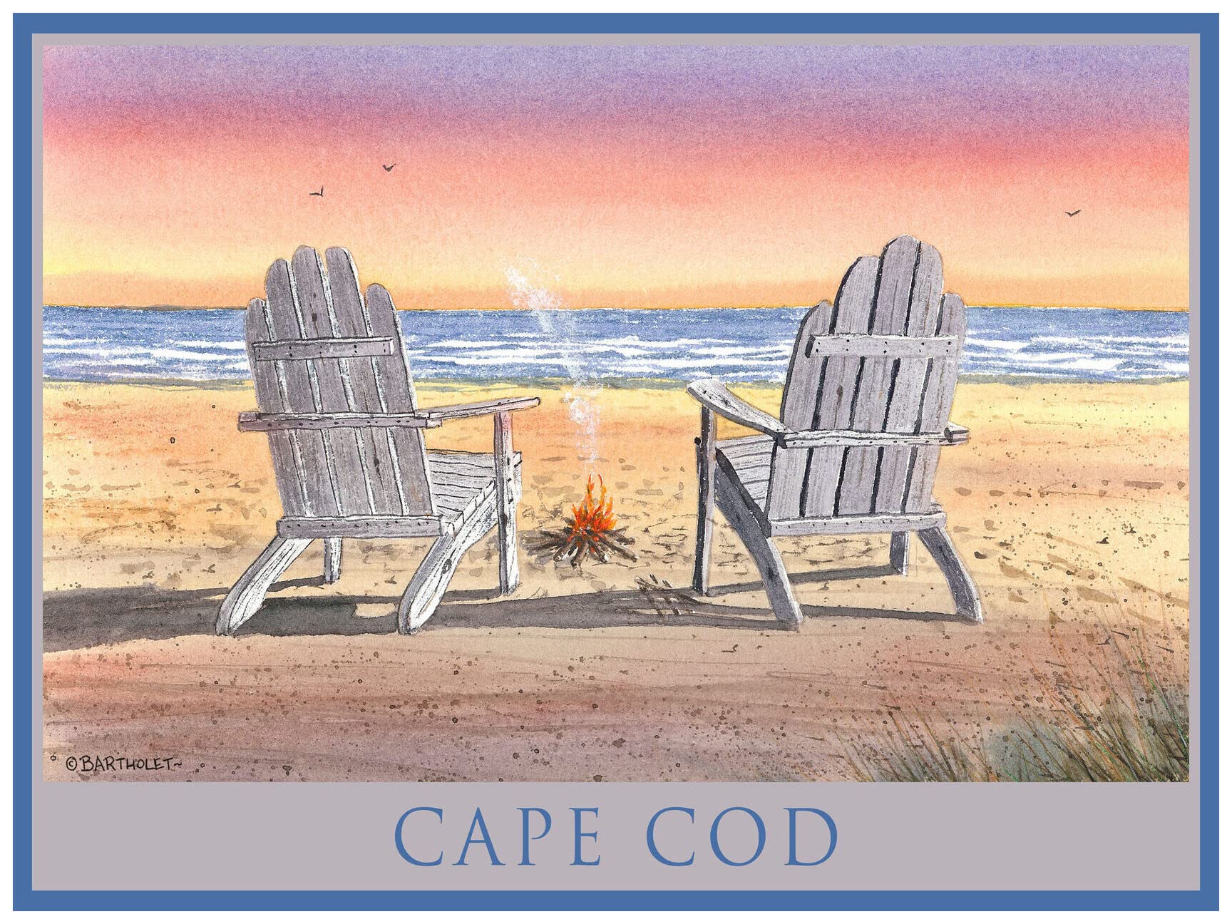 Premium Cape Cod Massachusetts Adirondack Chairs Beach Watercolor Art Print - 18x24 Inch Coastal Decor by Artist Dave Bartholet - Perfect for Beach House, Living Room & Office Wall Decor