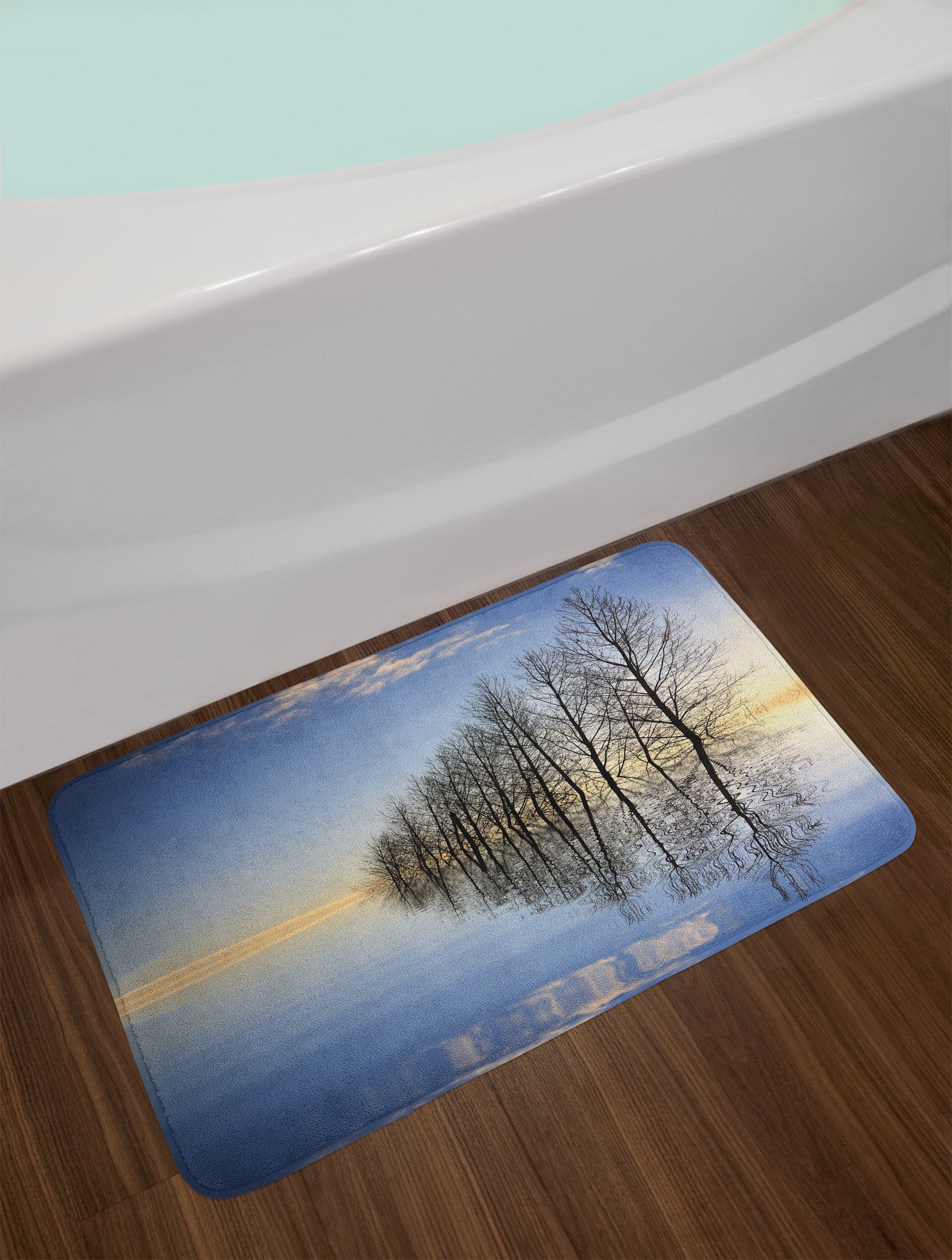 Ambesonne Winter Scenic Bath Mat - Frozen Lake with Trees Nature Art Print, Non-Slip Plush Bathroom Rug, 30.2