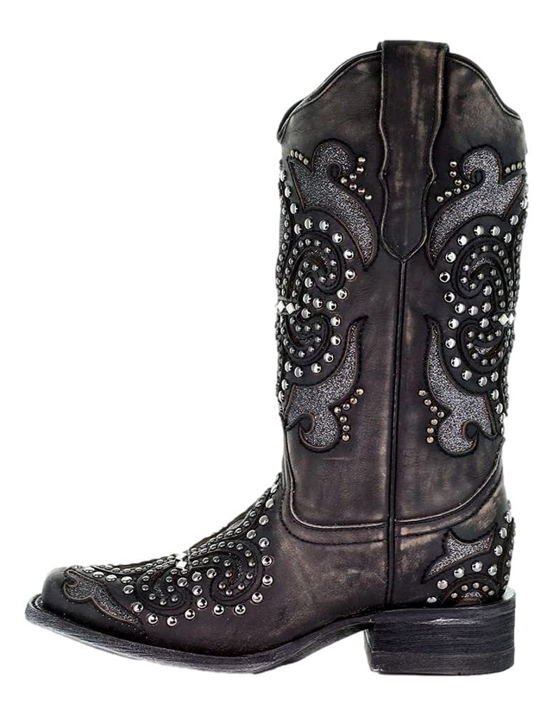 Women's Corral Boots - Studded Tooled Inlay Snip Toe Dress Boots with 1-2