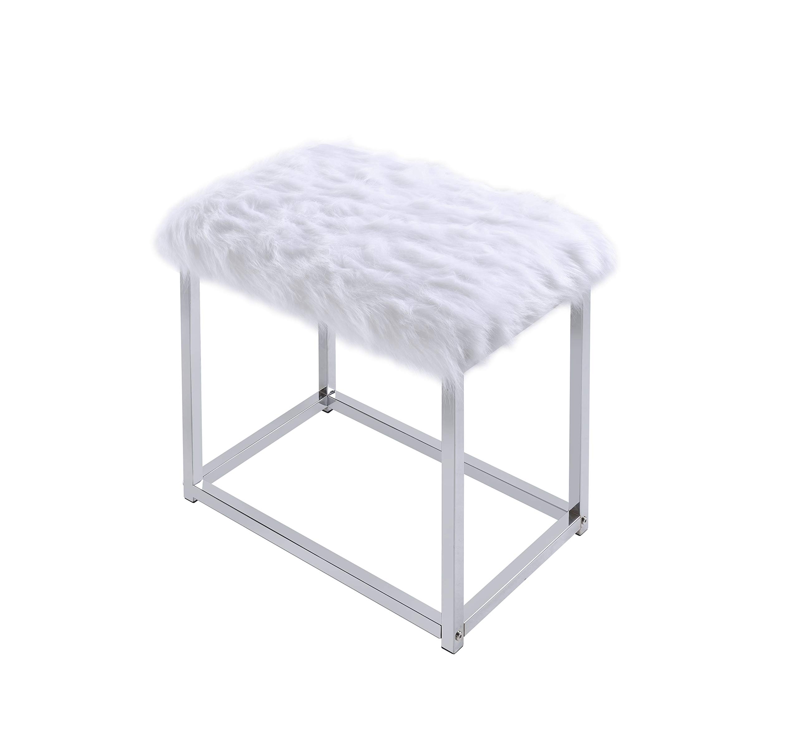 Benjara White and Silver Glass & Metal Vanity Set with Faux Fur Stool - Perfect for Bedroom, Bathroom & Dressing Room Makeup Organization