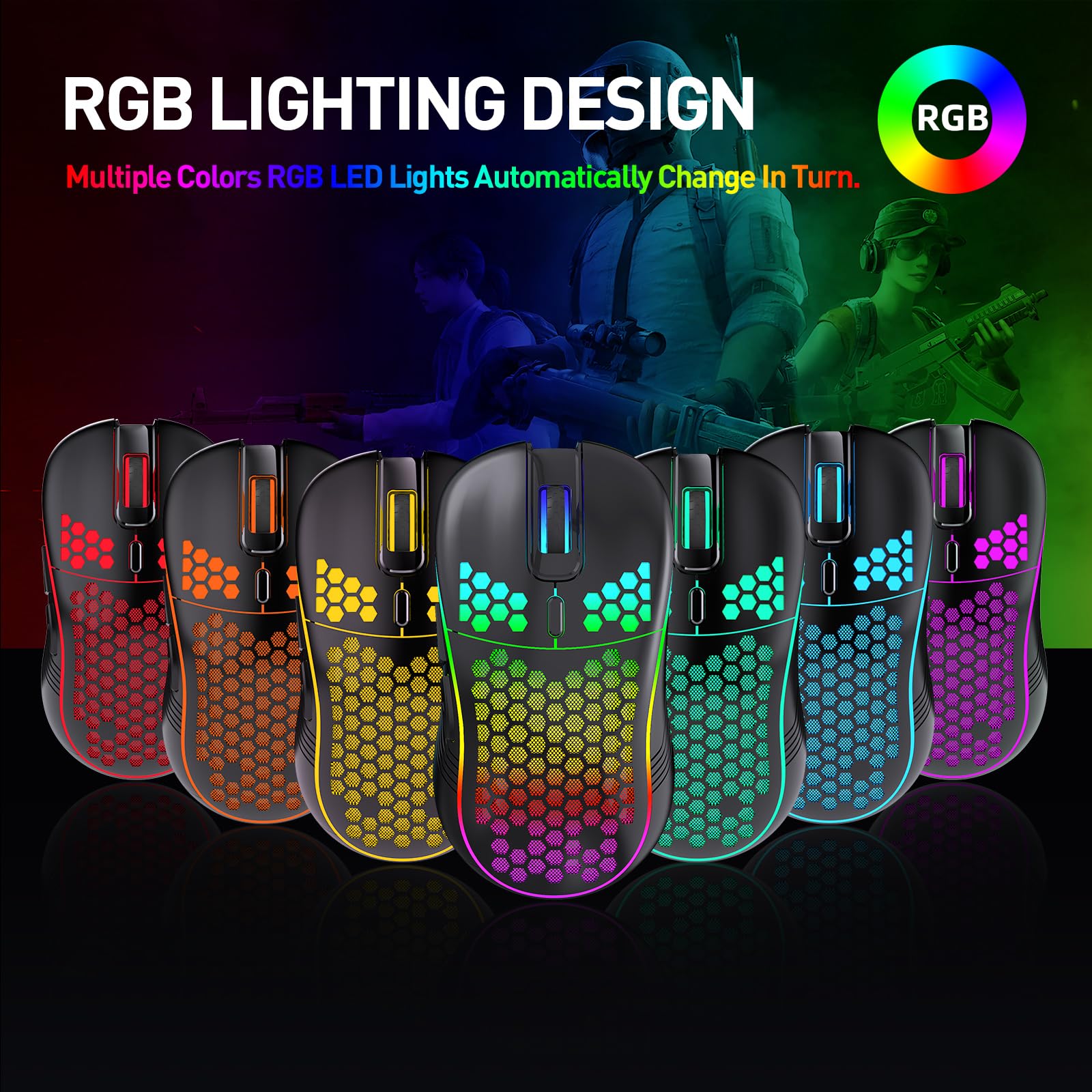 Wireless Gaming Mouse - Rechargeable Ergonomic Honeycomb Design with RGB Backlight, 7 Programmable Buttons, Adjustable DPI (1600-10000), USB Receiver for PC, Mac, Laptop - Perfect for FPS, MOBA Games & Office Work