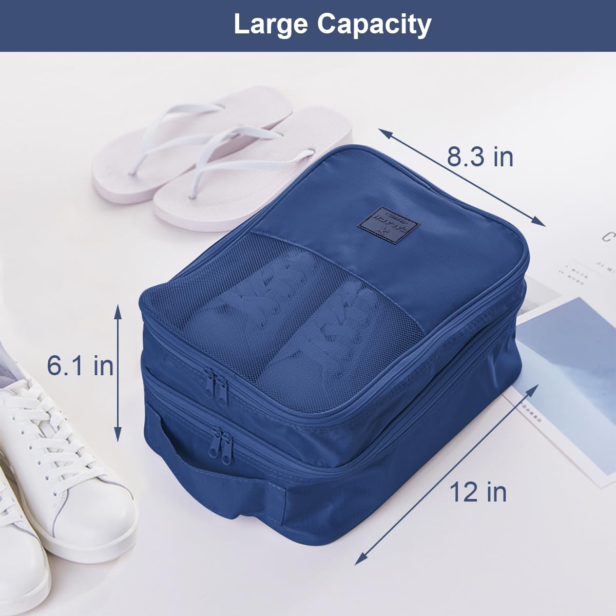 Waterproof Large Shoe Bags for Travel - Holds 3 Pairs of Shoes (Up to Size 12) | Durable Shoe Storage Organizer for Men & Women | Perfect for Gym, Vacation & Business Trips | French Navy Zippered Packing Cube
