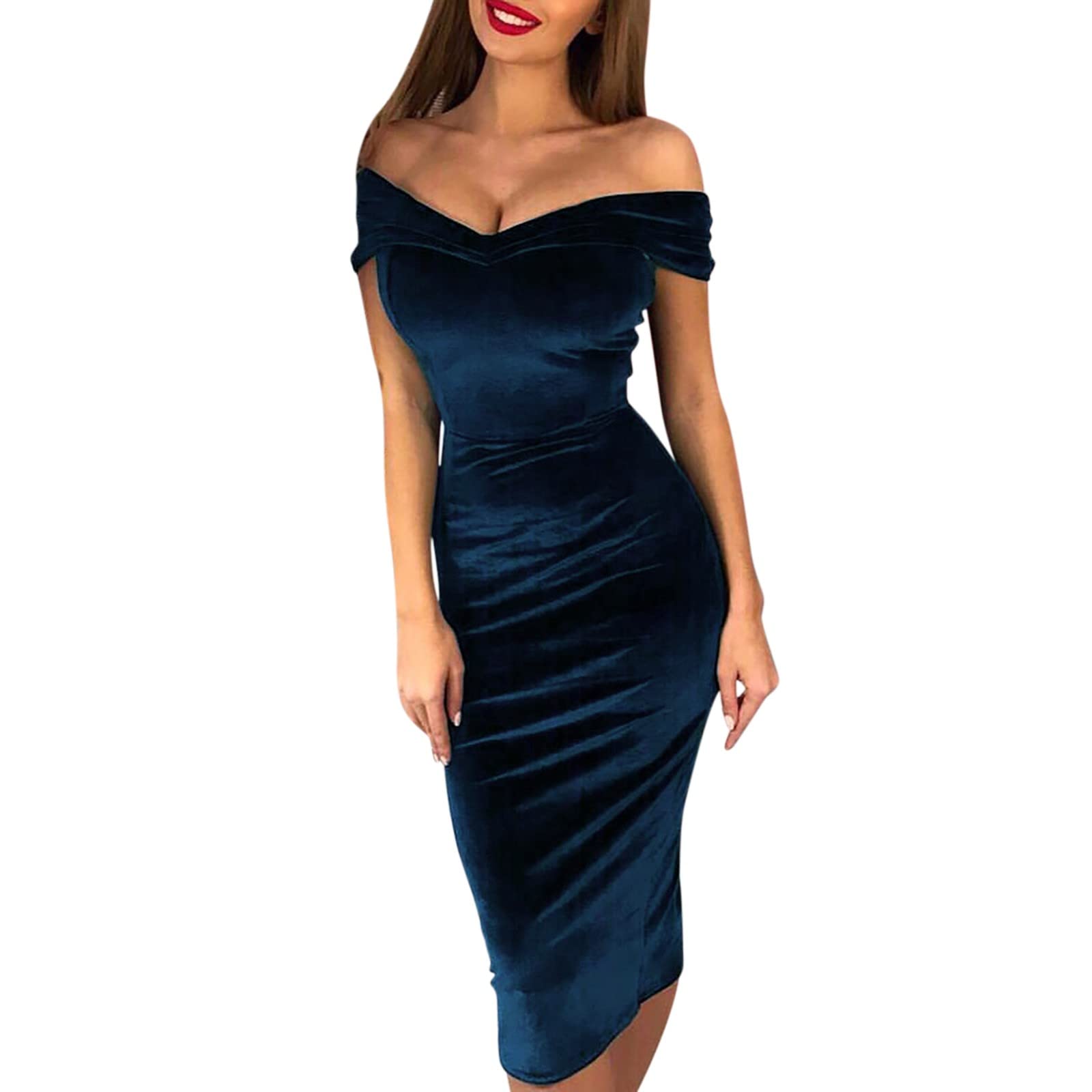 Elegant Off Shoulder Sheath Dress for Women - Slim Fit Solid Color Party & Club Dress - Rustic Casual Wear for Date Night & Evening Events