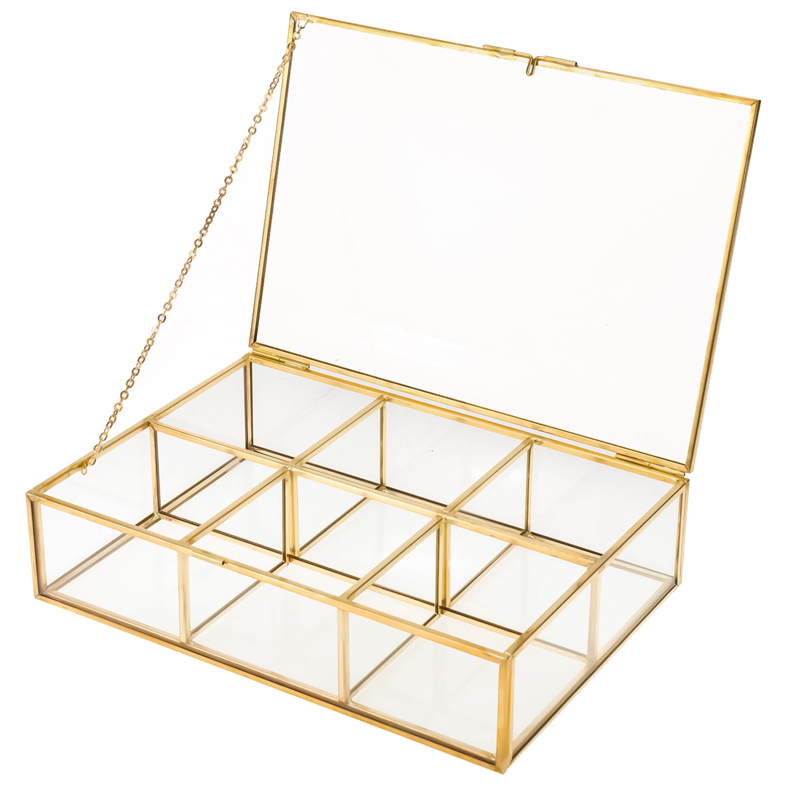 Premium Glass Tea Bag Organizer with Lid - 6 Compartment Clear Storage Box for Tea Bags, Coffee & Sugar Packets - Countertop Display Case for Kitchen, Office or Gift Use
