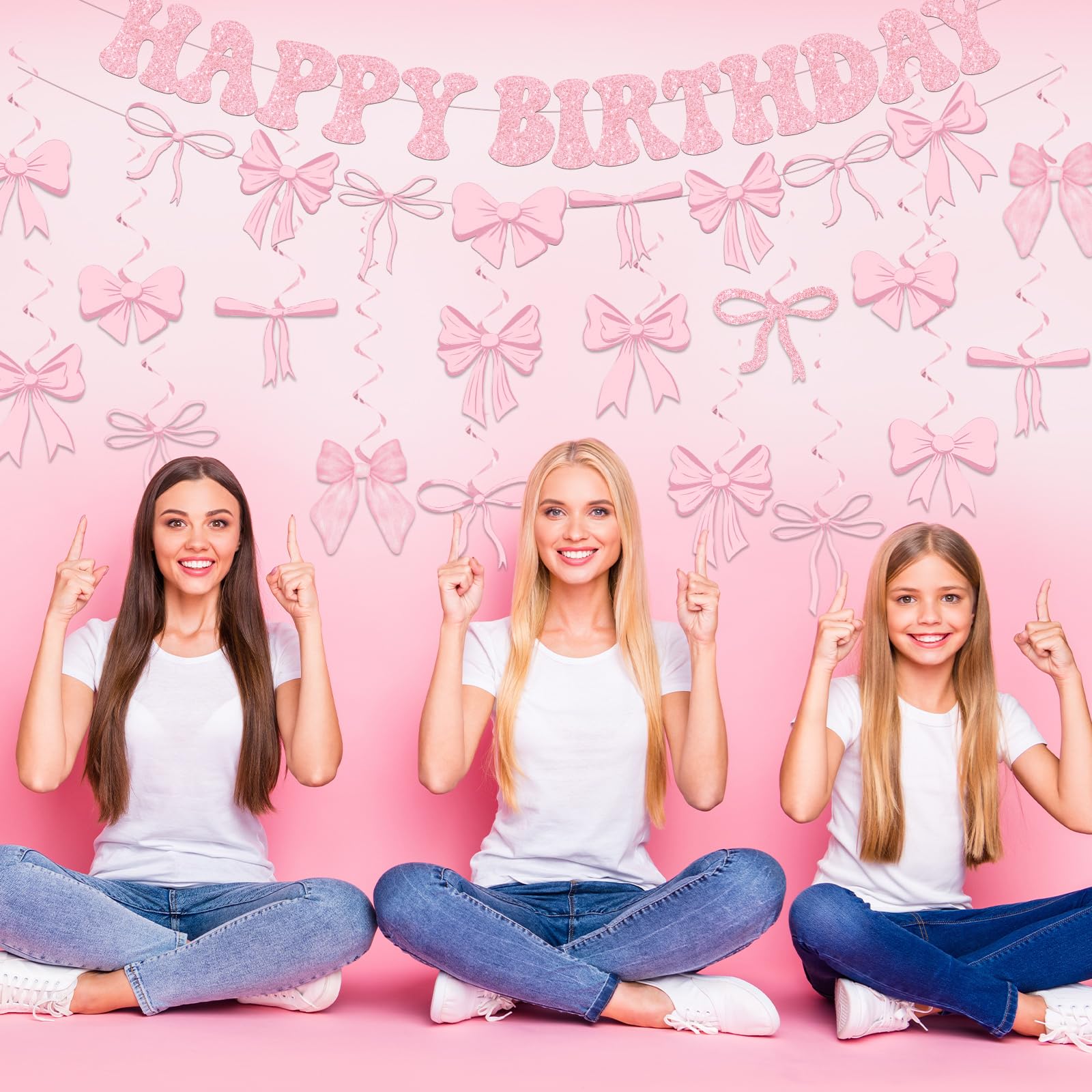 Pink Bow Birthday Party Decorations Set - Includes Happy Birthday Banner & Garland Hanging Swirls - Perfect for Girls Birthday, Baby Shower & Bridal Showers - Elegant Coquette Theme Party Supplies for Wall & Ceiling Decor