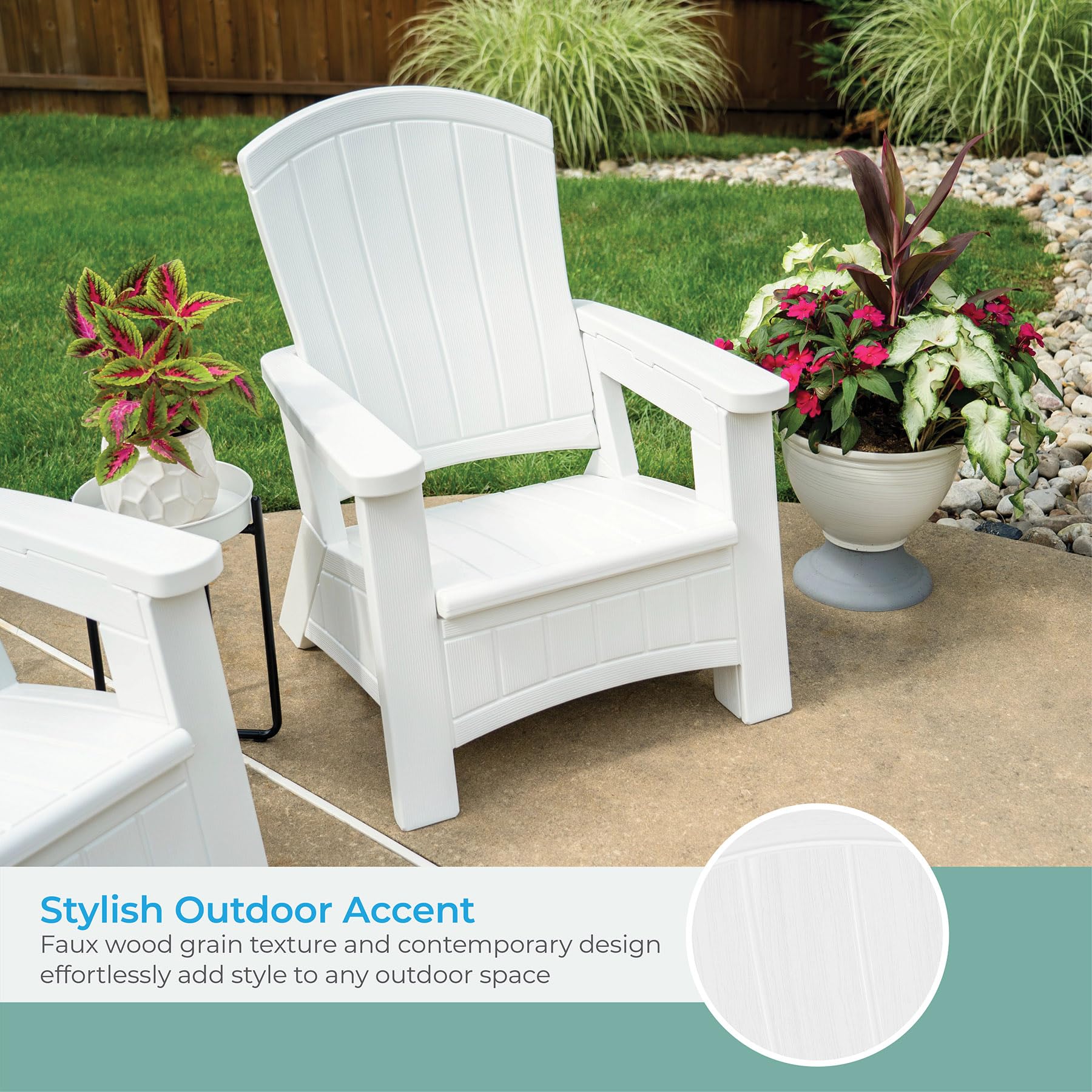 Suncast UV-Resistant White Adirondack Patio Chair with Built-in Seat Storage - Durable Outdoor Furniture for Backyard, Garden, Poolside & Deck Relaxation
