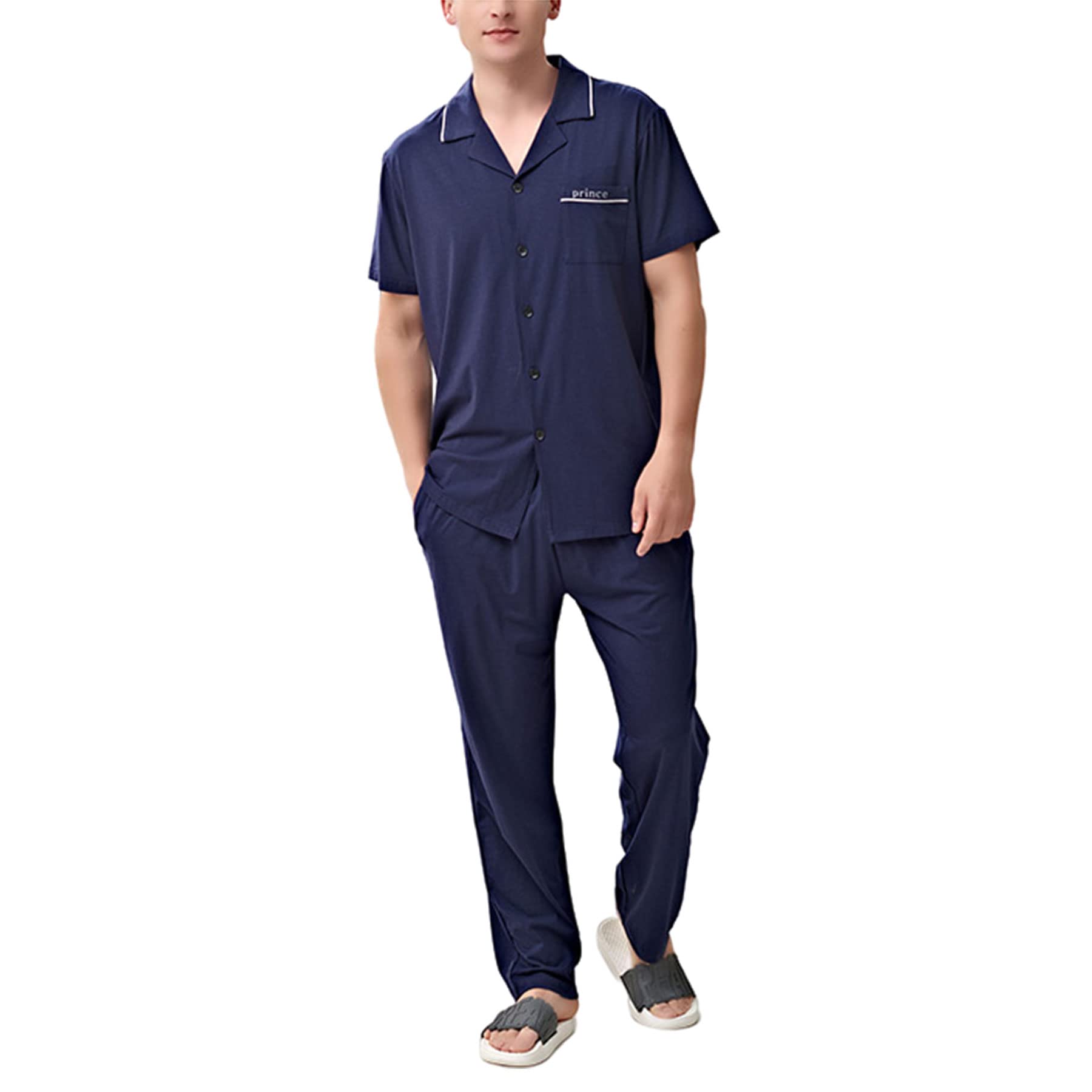 Men's 2-Piece Cotton Pajama Set - Short Sleeve Sleepwear with Lapel Collar & Comfortable Pants | Perfect for Summer Nights, Lounging & Relaxing at Home