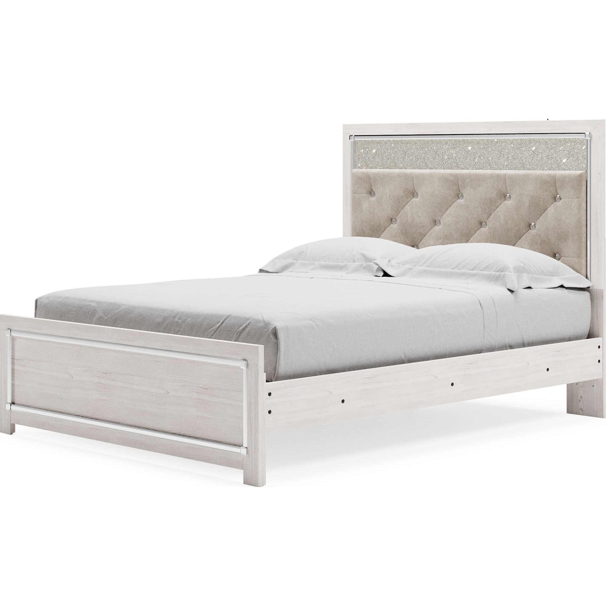 Altyra White Panel Bed Frame - Queen Size, Modern Platform Bed with Upholstered Headboard for Bedroom Decor