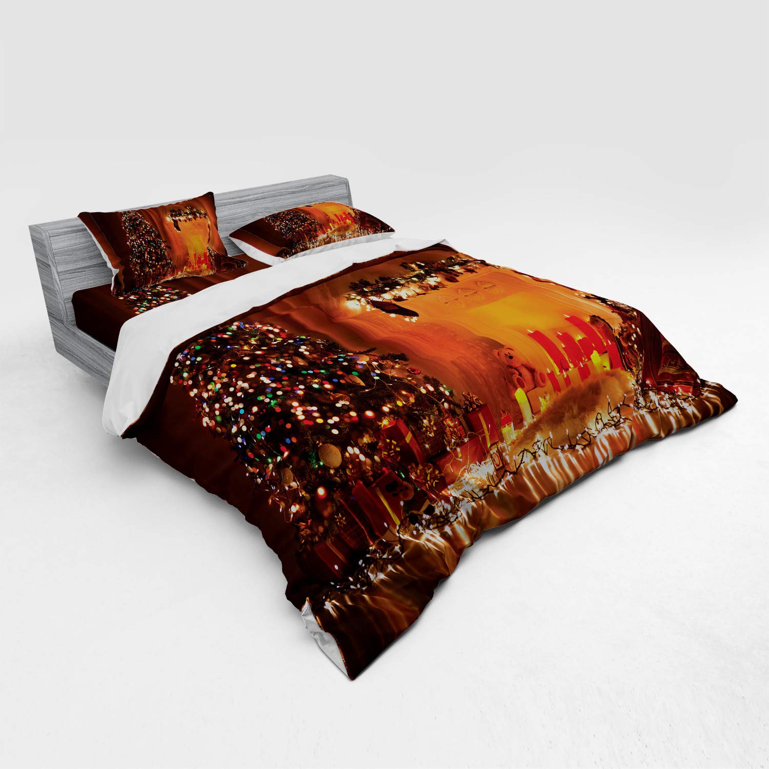 Ambesonne Christmas Bedding Set 4-Piece - King Size Duvet Cover with Shams & Fitted Sheet - Romantic Holiday Xmas Design with Candles, Gifts & Toys Print in Orange - Perfect for Festive Bedroom Decor & Cozy Winter Nights