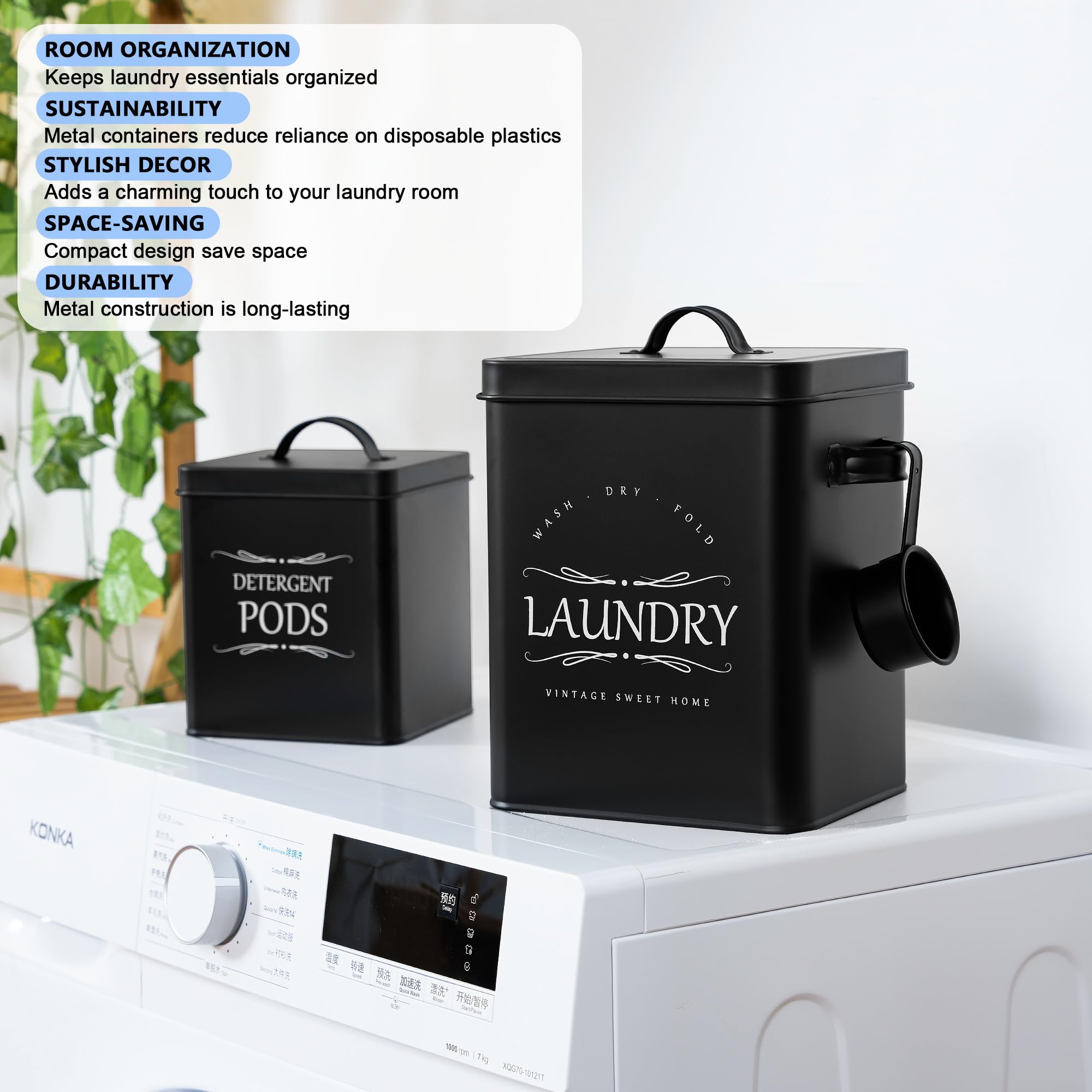 Meraki Home Laundry Detergent Container Set - 2-Pack with Scoop for Detergent Sheets & Pods - Laundry Room Storage Organizer in Matte Black | Perfect for Organized Laundry Rooms & Small Spaces