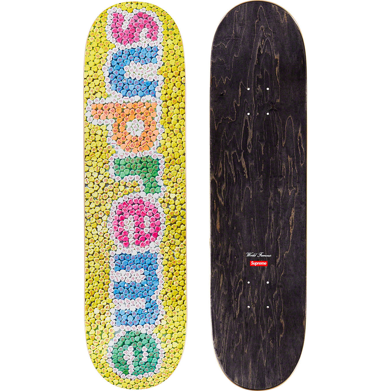 Supreme Candy Hearts Skateboard - Yellow Retro Design Complete Skateboard for Street & Park Riding - Perfect for Teens & Adults Skateboarding Enthusiasts