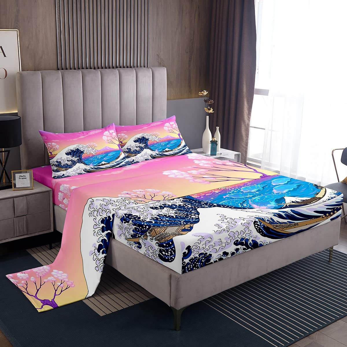 Waves Boats Full Size 4-Piece Bed Sheet Set - Cherry Blossom & Mountain Sea Japanese Style Pink Bedding (Deep Pocket Fitted Sheet, Flat Sheet, 2 Pillowcases) for Kids & Teens - Perfect for Coastal, Nautical or Asian-Themed Bedrooms