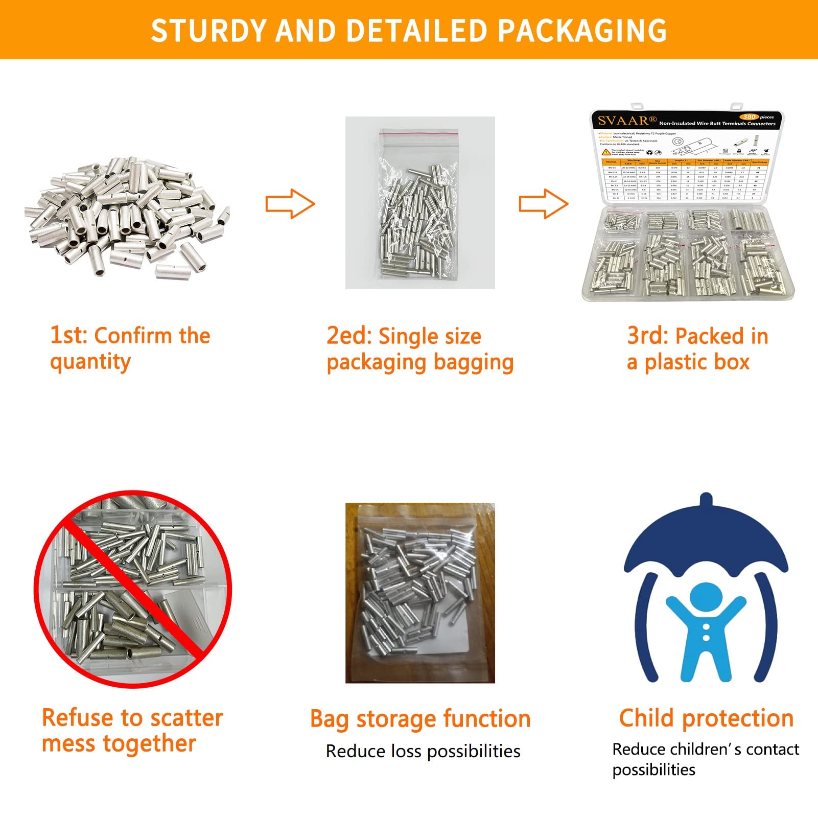 SVAAR 200PCS Non-Insulated Butt Connectors Kit - Marine Grade Tinned Copper, Seamless Crimp Wire Terminals for 22-6 Gauge (Electrical Wiring, Automotive, Marine & DIY Projects)