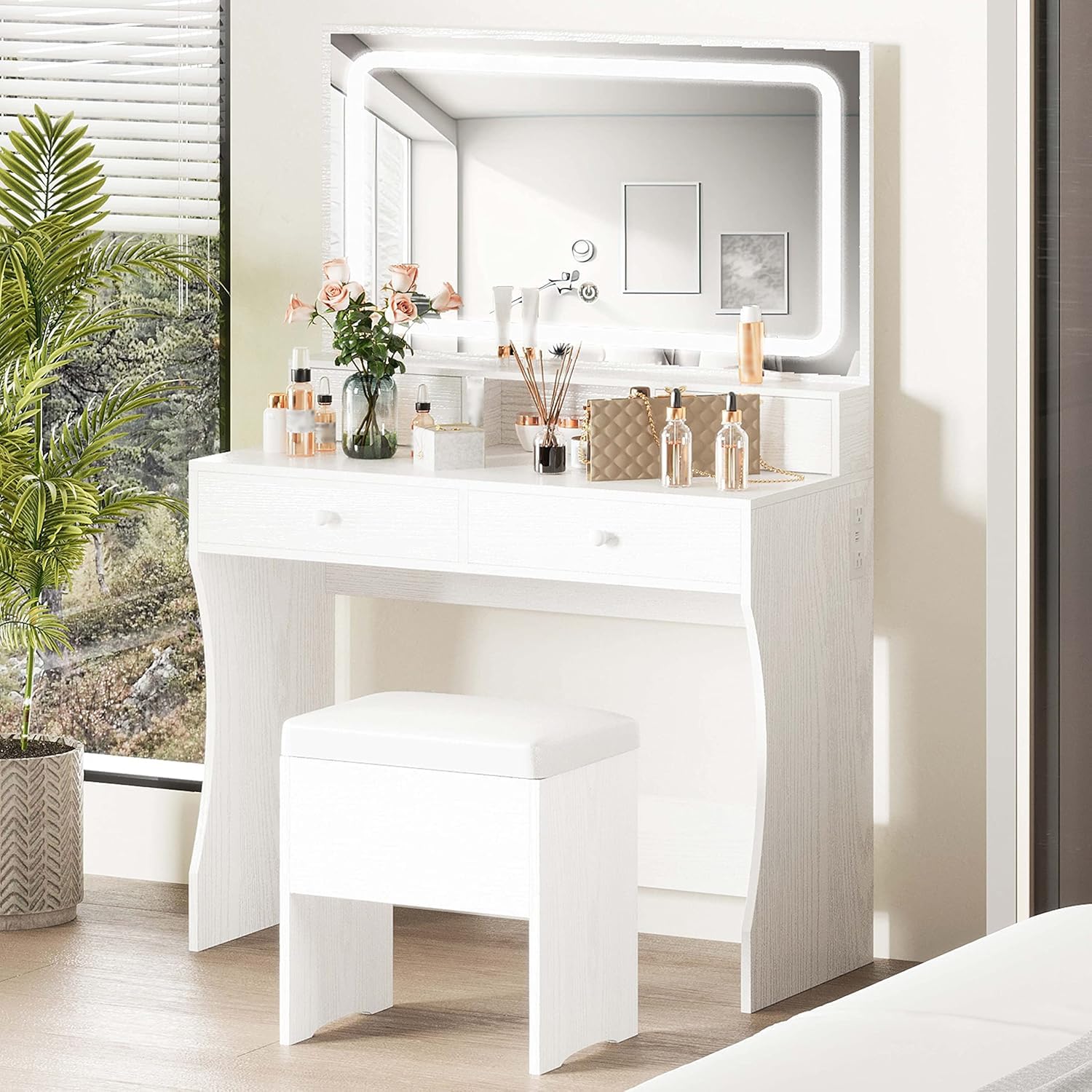 IRONCK White Vanity Desk with LED Lighted Mirror & Power Outlet - Makeup Dressing Table with 4 Drawers & Storage Bench - Perfect for Bedroom, Home Decor & Beauty Routine