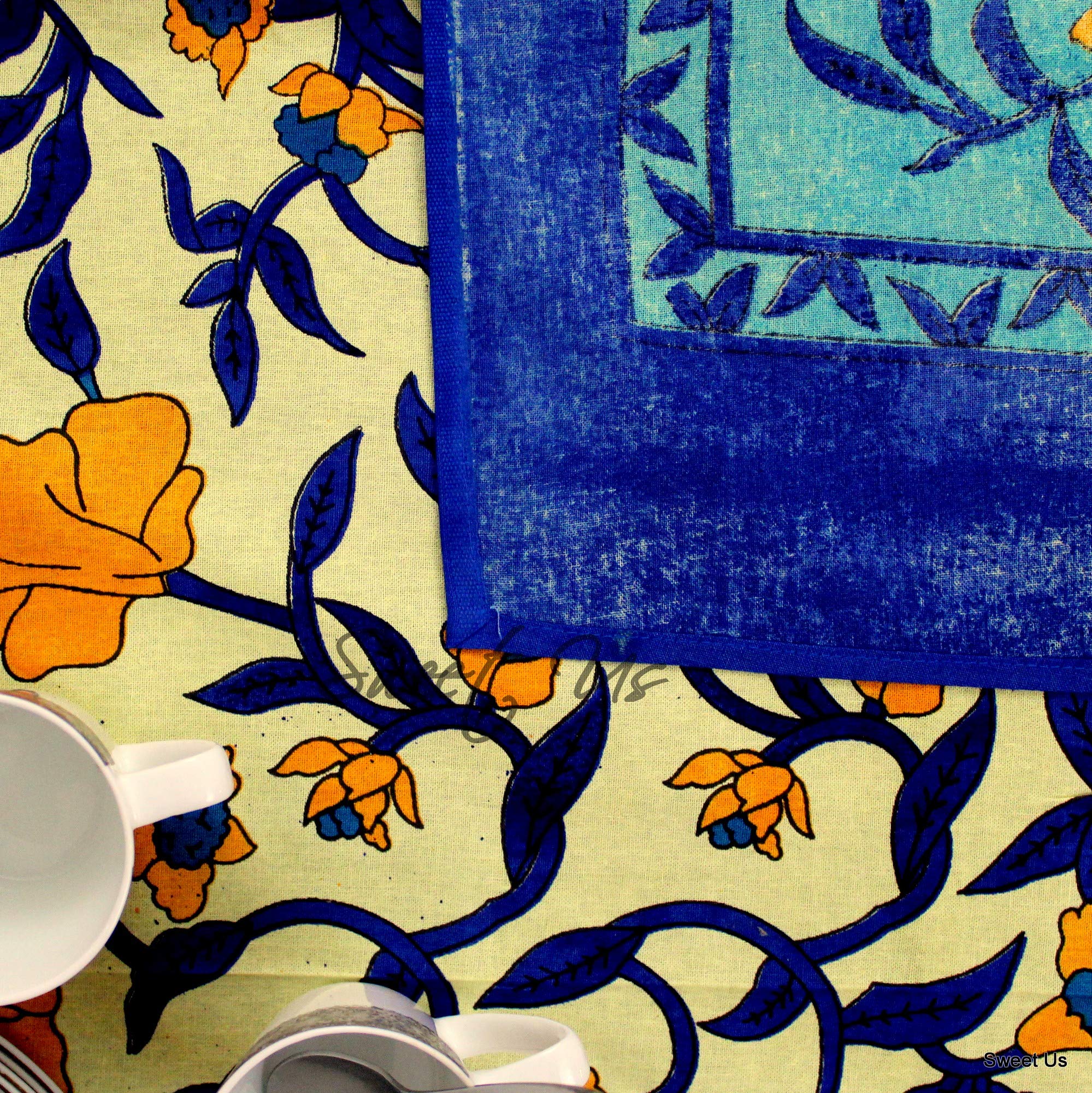 Blue Gold Beige Floral Vine Cotton Tablecloth 70x104 Inch - Rectangle Table Cover for Dining Room, Kitchen, Party & Outdoor Picnic - Washable & Wrinkle-Resistant