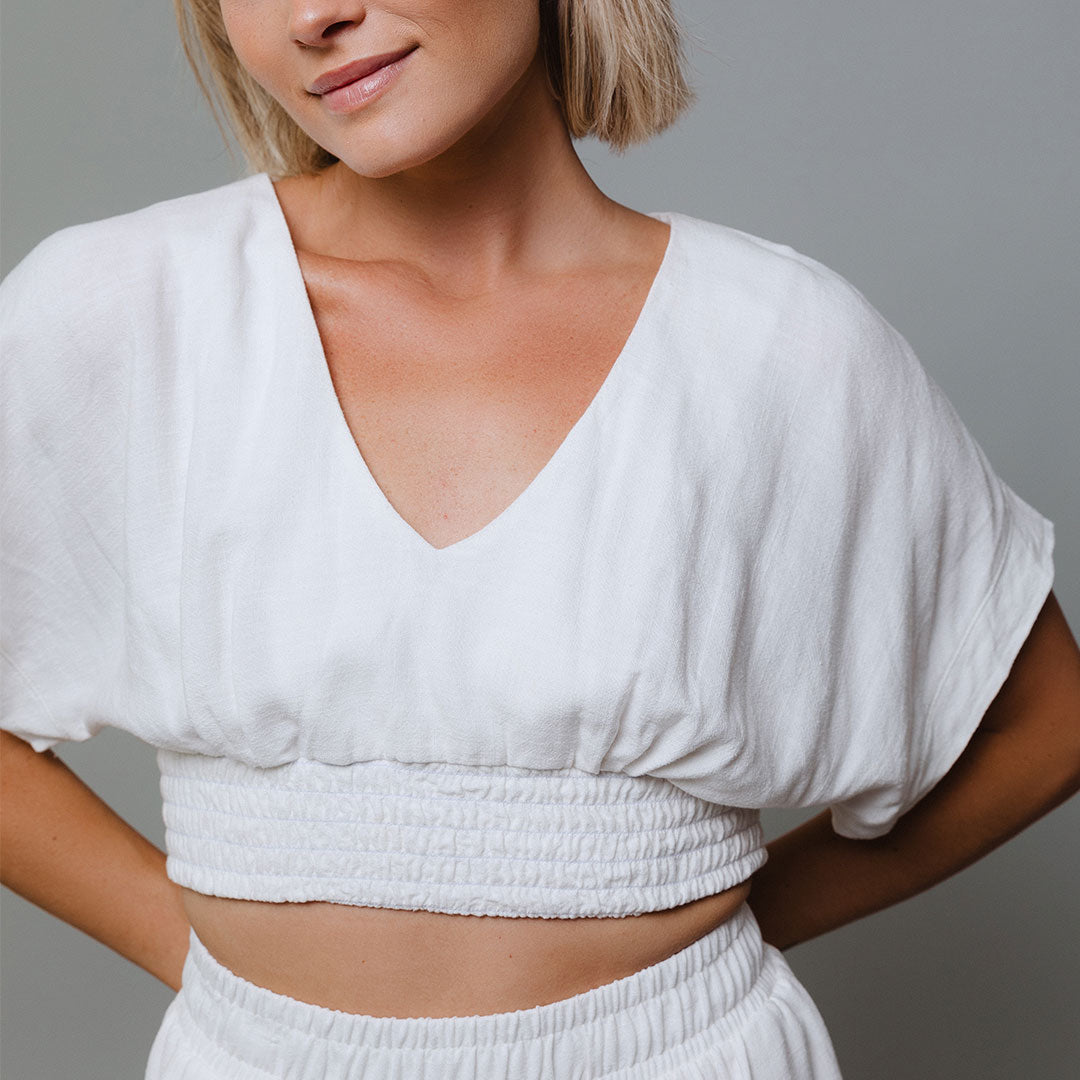 Coastal Crop Top in Cream - Women's Casual Short Sleeve Shirt for Beach, Summer Outfits & Boho Style Fashion