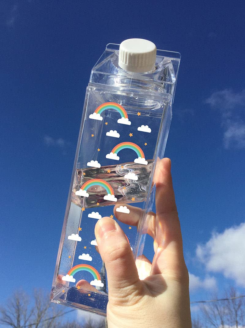 TeesAndTankYou Rainbow Pattern Milk Carton Water Bottle 500ml (16.9oz) - BPA Free Clear Reusable Bottle for Kids, School, Gym & Outdoor Activities