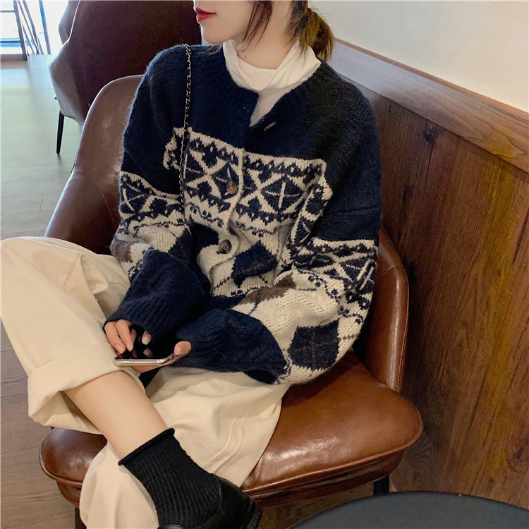French Crew Neck Sweater for Women - Vintage Loose Knit Cardigan Jacket for Autumn & Winter | Cozy Fall Layering, Casual Office Wear & Holiday Outfits