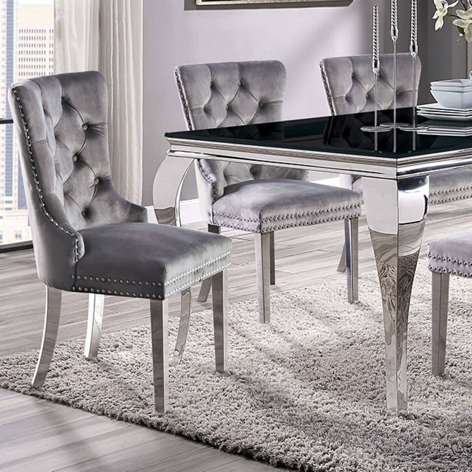 Contemporary Gray Flannelette 2-Piece Side Chairs Set - Button Tufted Upholstered Dining Chairs with Wingback Design | Perfect for Modern Dining Rooms, Kitchen Nooks & Small Spaces