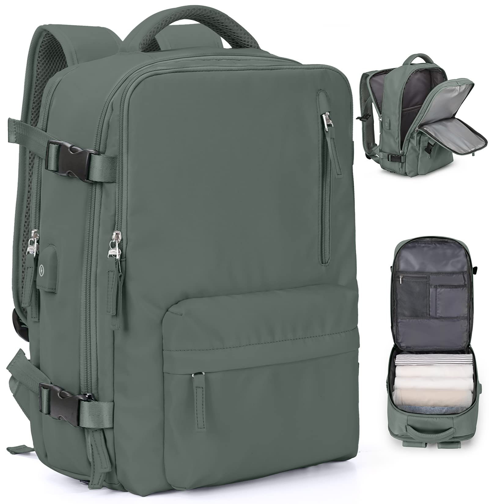 VGCUB 40L Large Travel Backpack for Women & Men - Waterproof Carry On Backpack with 17 Inch Laptop Compartment - Flight Approved Business Work Backpack - Perfect for Air Travel, Commuting & Outdoor Adventures - Green