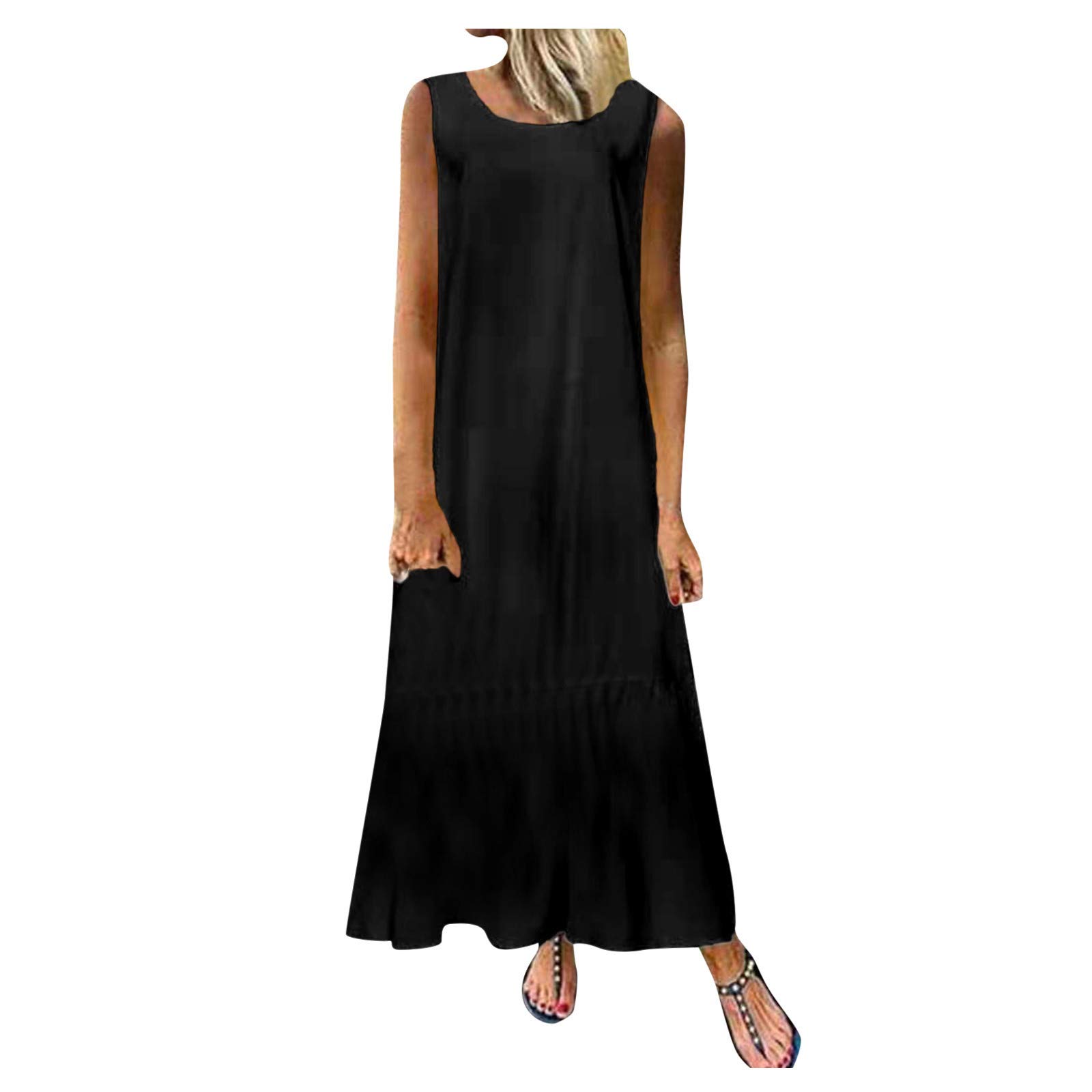 MITCOWBOYS Women's Maxi Dress - Solid Color Summer Dress with Round Neck & Sleeveless Design, Casual Loose Fit Flowy Dress for Beach, Vacation & Everyday Wear