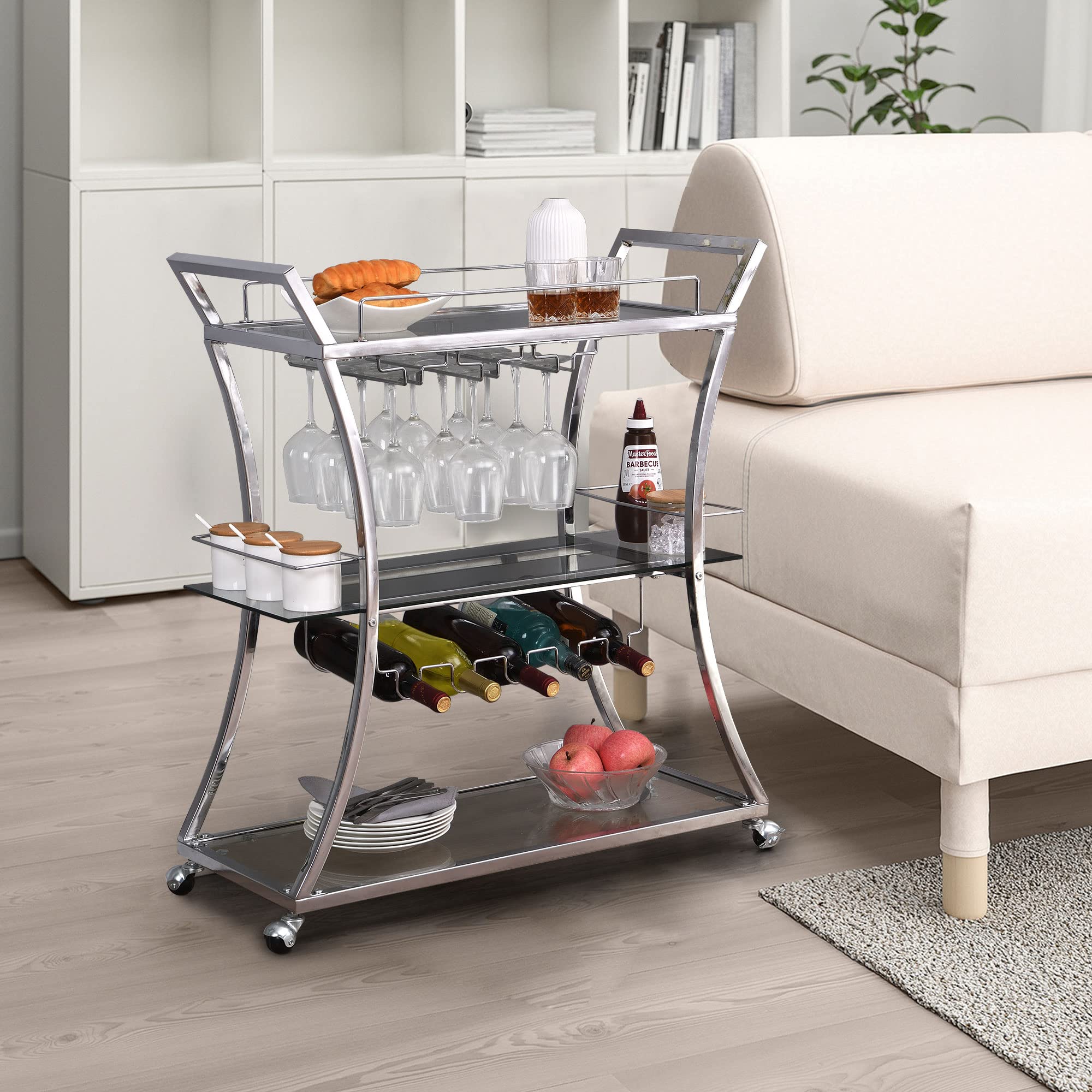 Modern 3-Tier Bar Serving Cart with Wine Rack & Glass Holder - Mobile Kitchen Storage Cart with Wheels for Home, Party & Outdoor Entertaining - Silver