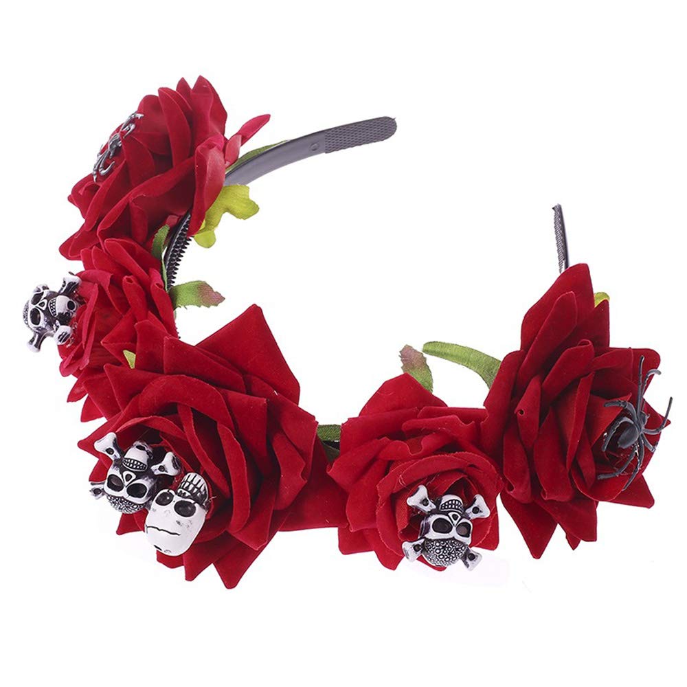 ITODA Red Flower Skull Headband - Gothic Halloween Spider Crown Tiara for Day of the Dead (Día de Muertos) Costume, Cosplay & Mardi Gras Festival | Perfect for Mexican Themed Parties, Gothic Weddings & Halloween Costume Contests