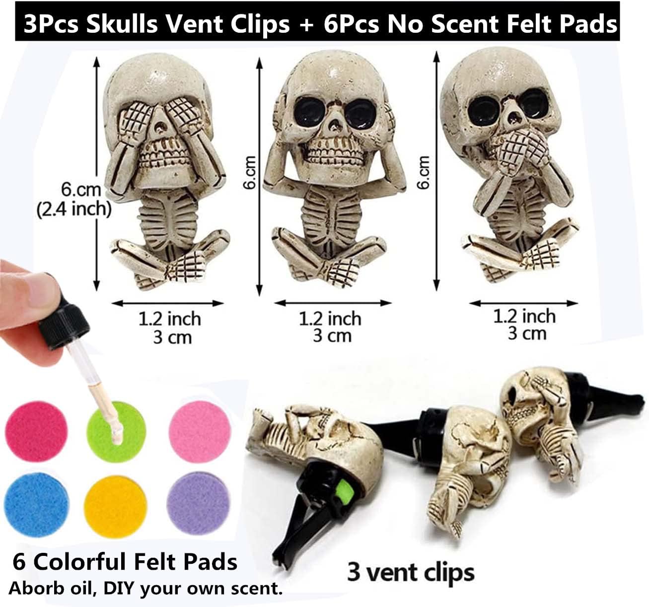 Evil Skull Car Air Fresheners Vent Clips - 6 Pack Felt Pads, Gothic Halloween Car Accessories for Men & Women | Perfect for Halloween Decor, Car Interior Styling & Unique Gift Ideas