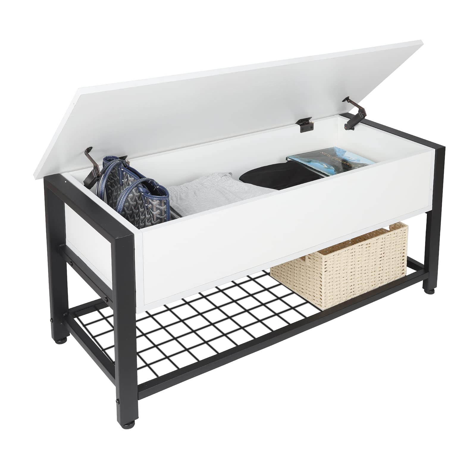 HOMEKOKO Industrial Storage Bench with Lift Top - Entryway Shoe Organizer for Hallway, Living Room & Dining Room - Sturdy Metal Frame in Black & White - Perfect for Small Space Organization & Entryway Decor