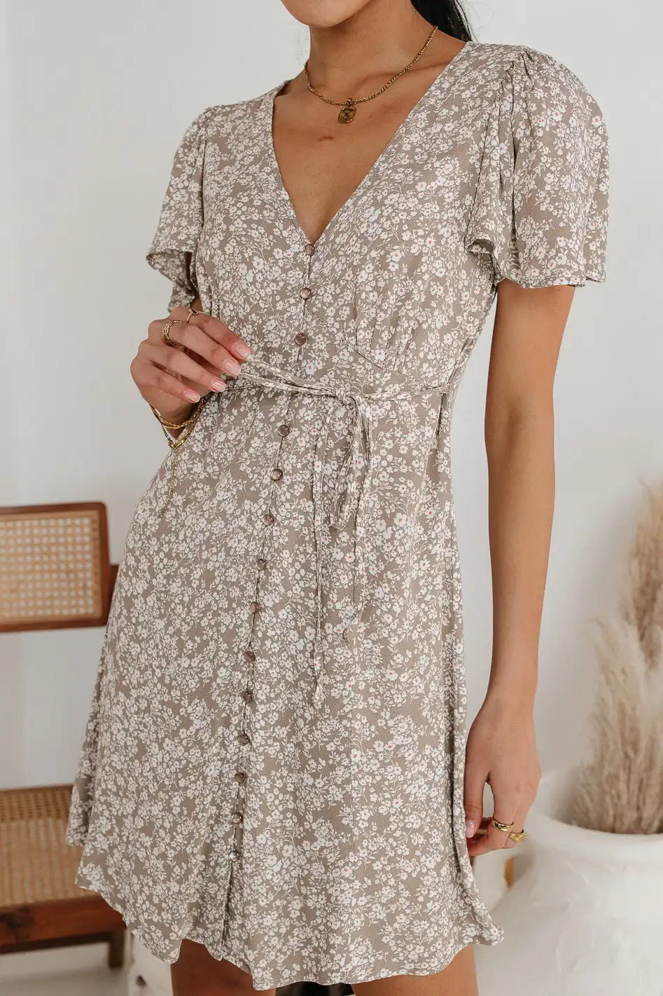 Abbie Floral Mini Dress in Taupe - Women's Summer Casual Short Sleeve Party Dress for Beach Vacation, Date Night & Outdoor Events (Final Sale)