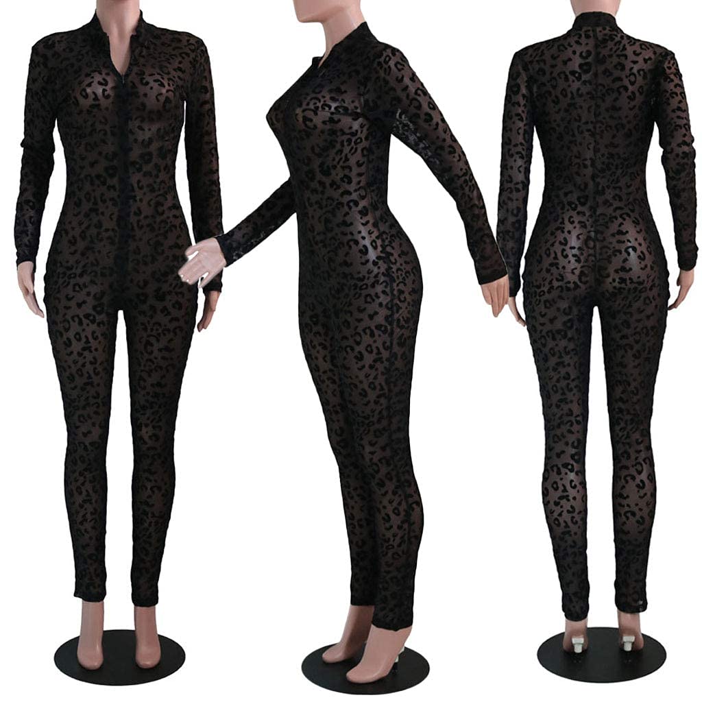 Uni Clau Women's Sheer Mesh Leopard Print Bodycon Jumpsuit - Deep V Neck One Piece Romper | Sexy Clubwear, Night Out Outfit, Party Dress, Fashionable Leopard Print Jumpsuit for Women