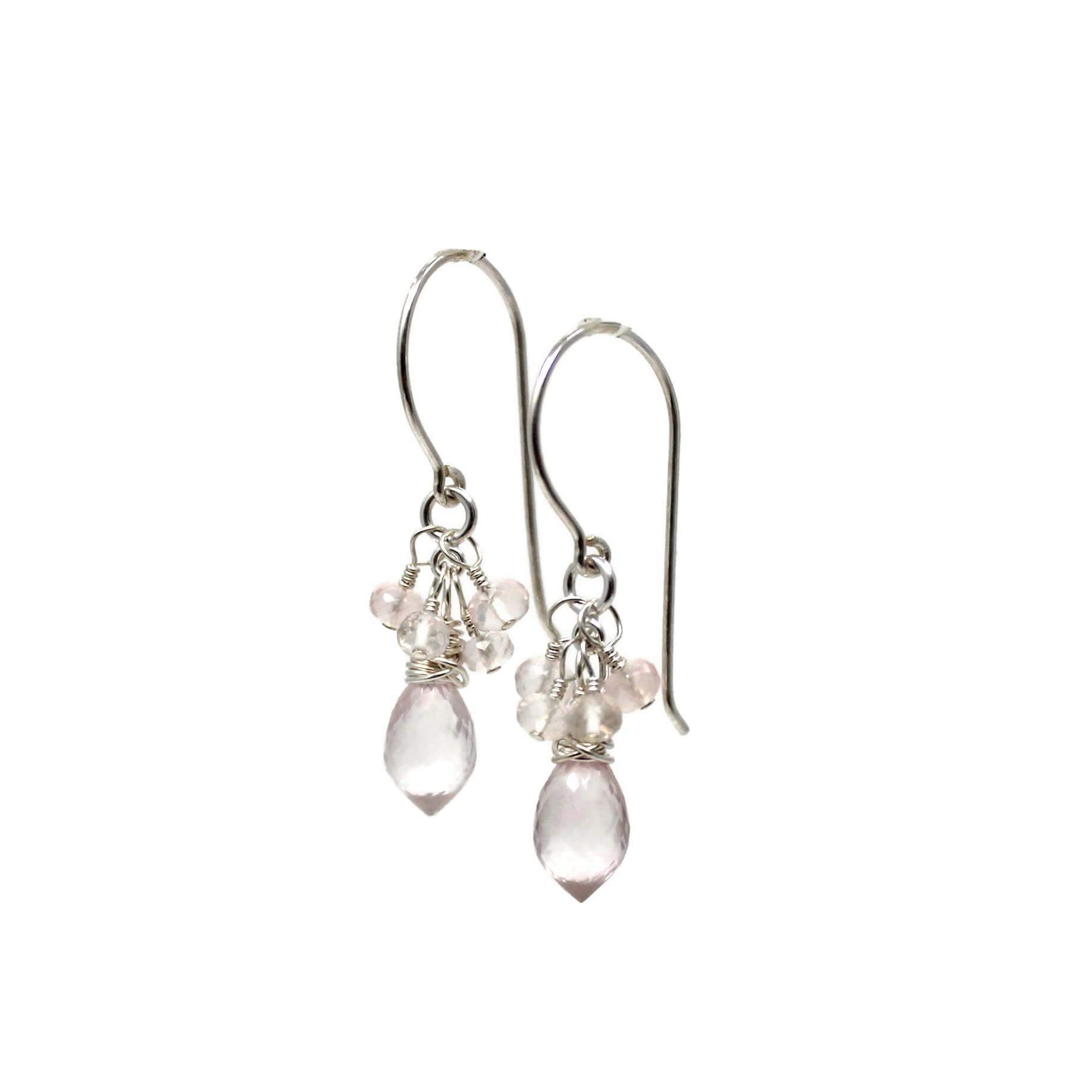 Handmade Rose Quartz Cluster Earrings - Sterling Silver 925 Hypoallergenic Jewelry for Women | Boho Chic Dangle Earrings for Date Night, Wedding & Special Occasions