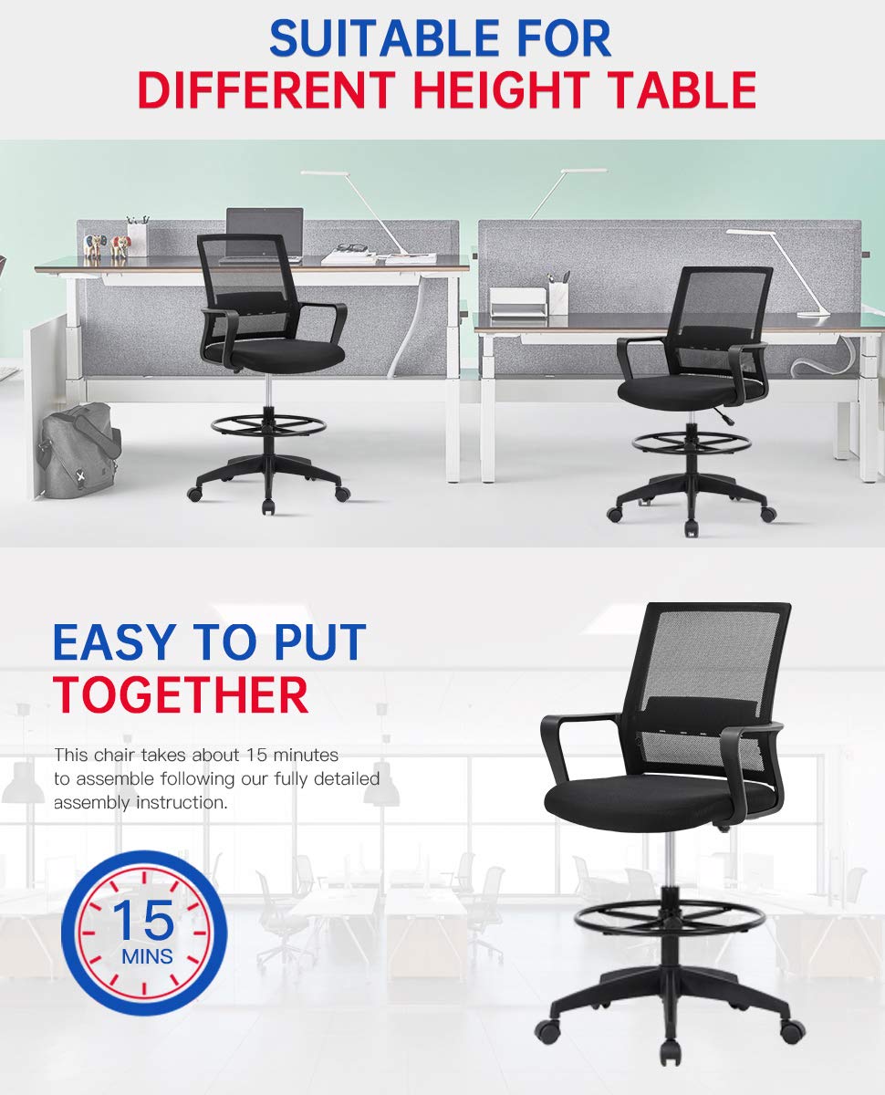 Ergonomic Adjustable Height Drafting Chair for Home Office - Tall Standing Desk Chair with Lumbar Support, Arms & Footrest - Mid Back Mesh Computer Chair with Swivel Base - Perfect for Architects, Designers & Long Work Sessions (Black)