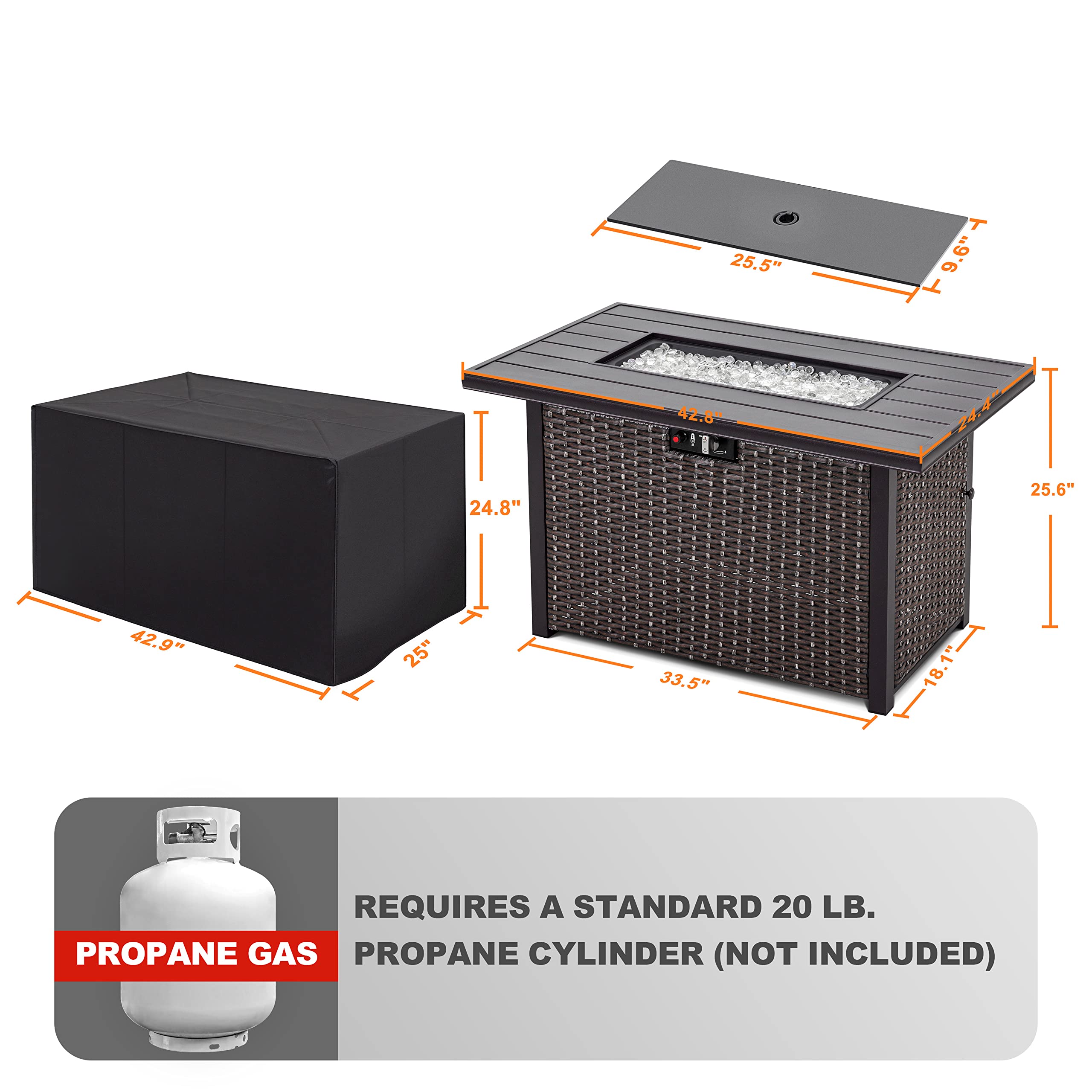 43 Inch Nuu Garden Outdoor Propane Fire Pit Table - 50,000 BTU, Aluminum Top & PE Rattan Steel Frame, Waterproof Cover, Glass Beads, Lid - Dark Brown for Patio, Backyard, Deck, and Outdoor Gatherings