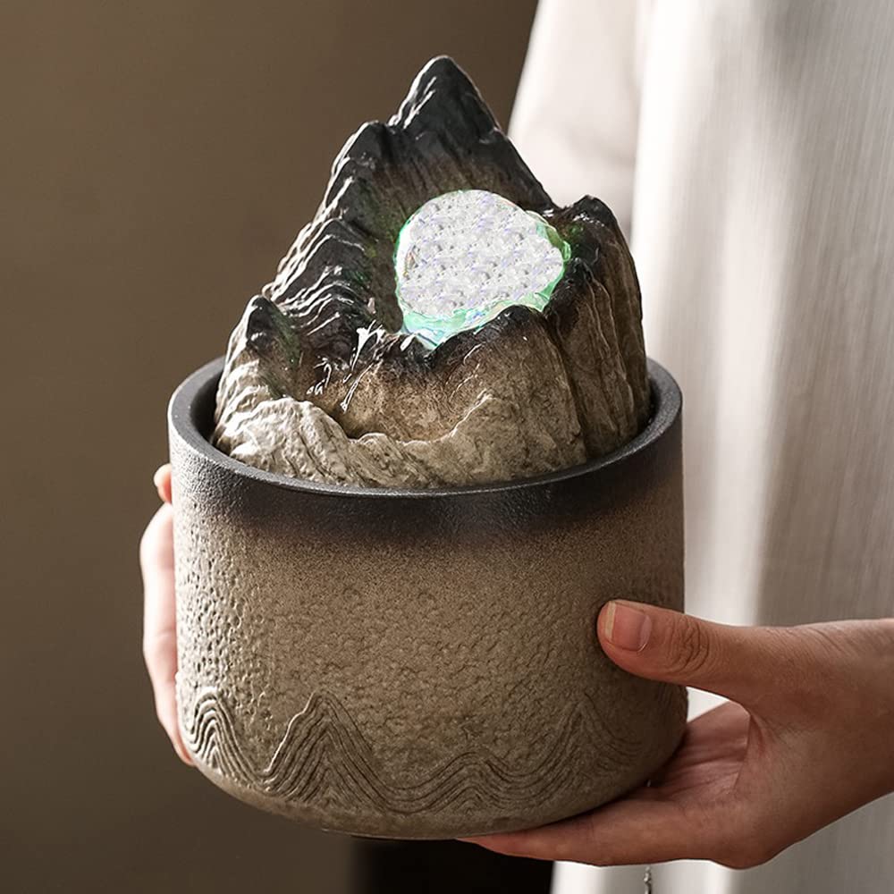 Ceramic Tabletop Fountain with Ball - Indoor Zen Water Fountain for Home, Office, Desk Decor - Relaxing Soothing Water Feature for Living Room, Bedroom, Spa - Brown
