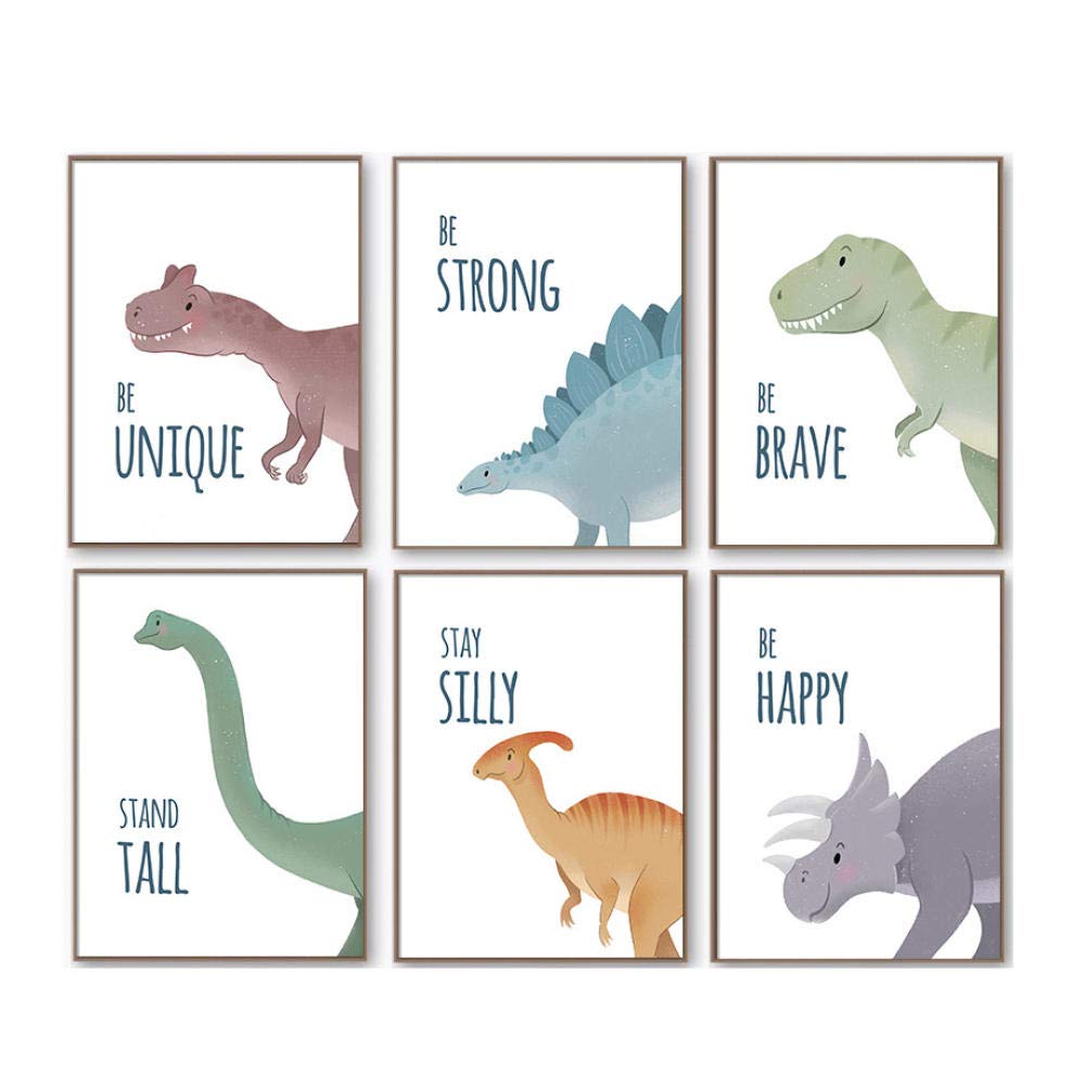 Dinosaur Wall Art for Kids - Inspirational Quote Canvas Paintings & Posters (30x40cm, Set of 6, Unframed) - Perfect for Nursery, Bedroom, Playroom Decor