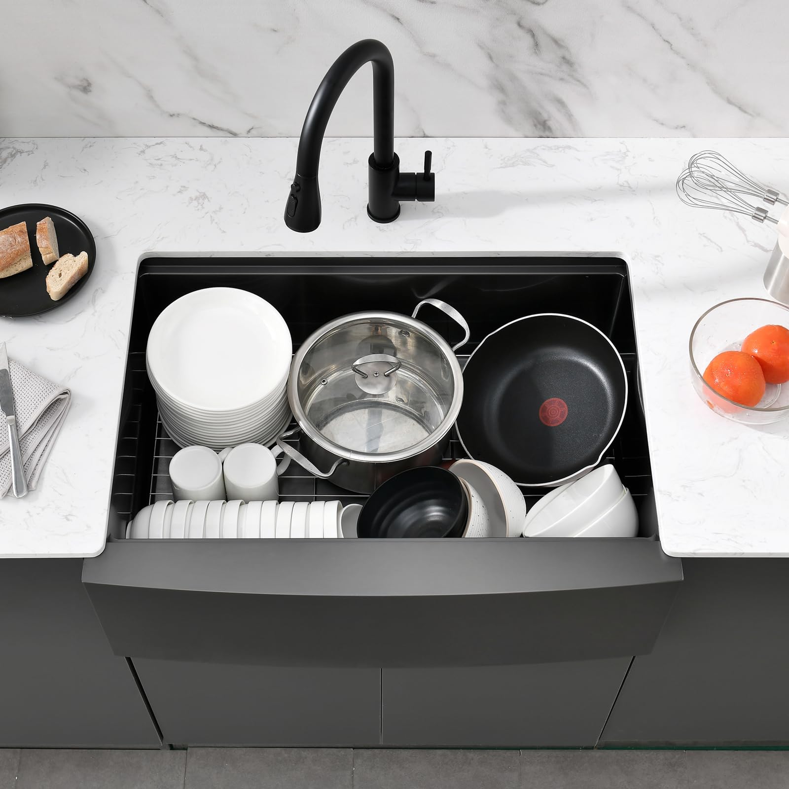 PEPO 33-Inch Gunmetal Black Farmhouse Undermount Kitchen Sink - 16 Gauge Stainless Steel Single Bowl with Accessories Kit - Perfect for Modern Farmhouse Kitchens & Restaurant Prep Stations