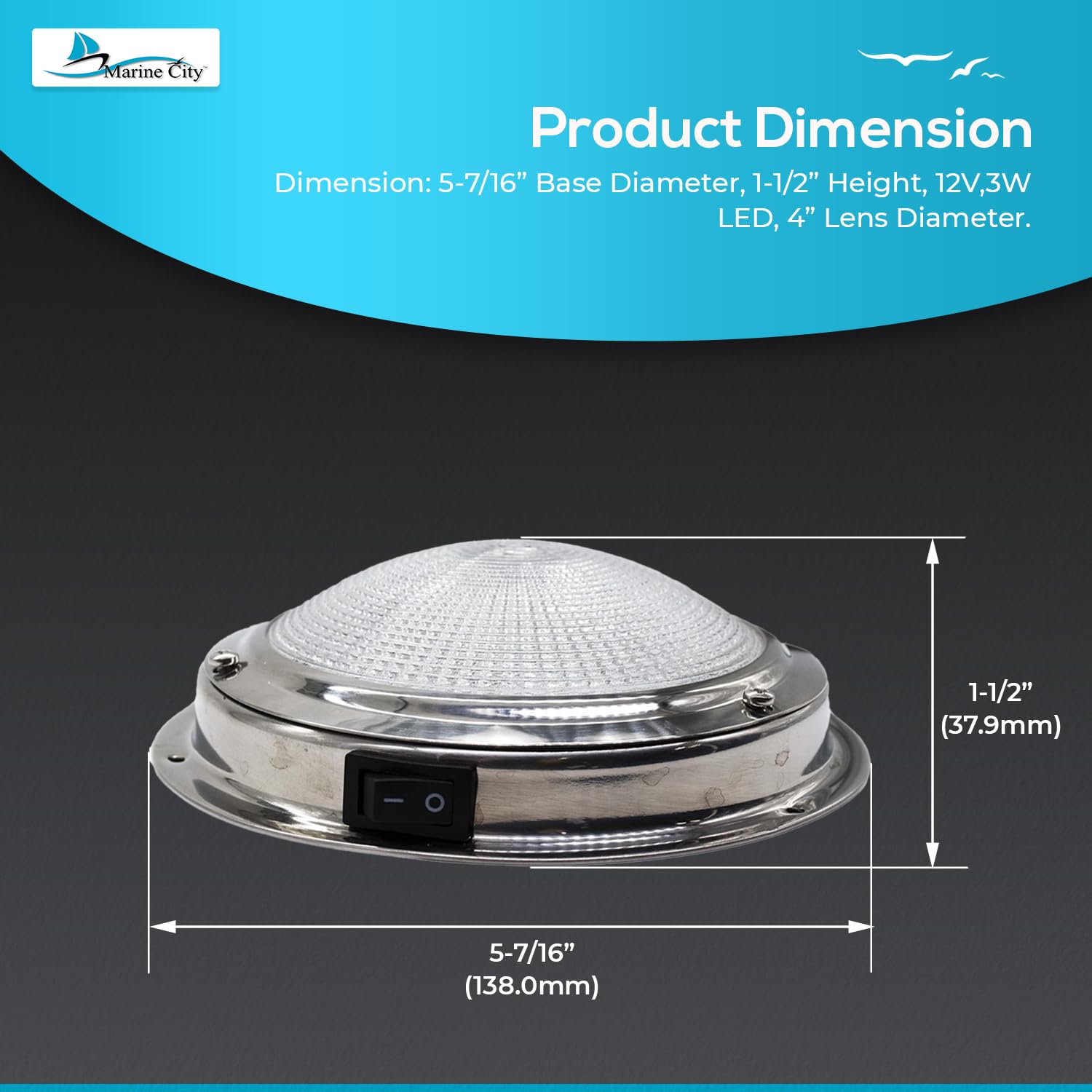 MARINE CITY 304 Stainless Steel LED Dome Light - 12V 3W Super Bright, 4 Inch Waterproof RV Boat Ceiling Light - Long Lasting Battery Life for Interior Roof Lighting in RVs, Boats, Yachts, Trailers - Perfect for Nighttime Navigation & Cabin Illumination (2 Pack)