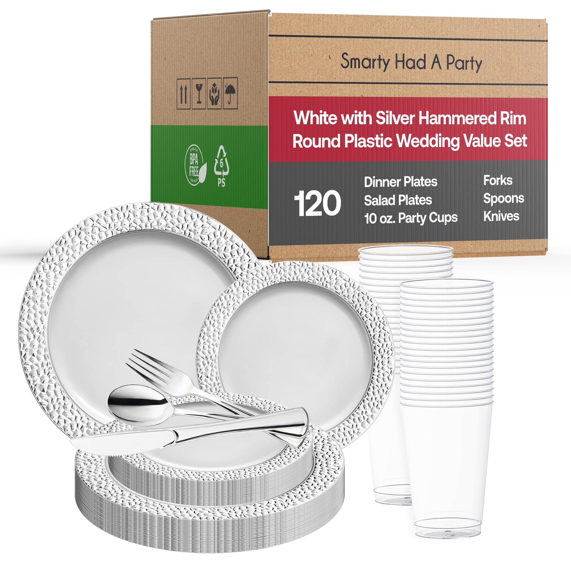 Premium Disposable Plastic Dinnerware Set for 120 Guests - Elegant White with Silver Hammered Rim Plates, Salad/Dessert Plates, Cutlery & Cups | Perfect for Weddings, Birthday Parties, Catering & Special Events | Durable & Stylish Party Tableware