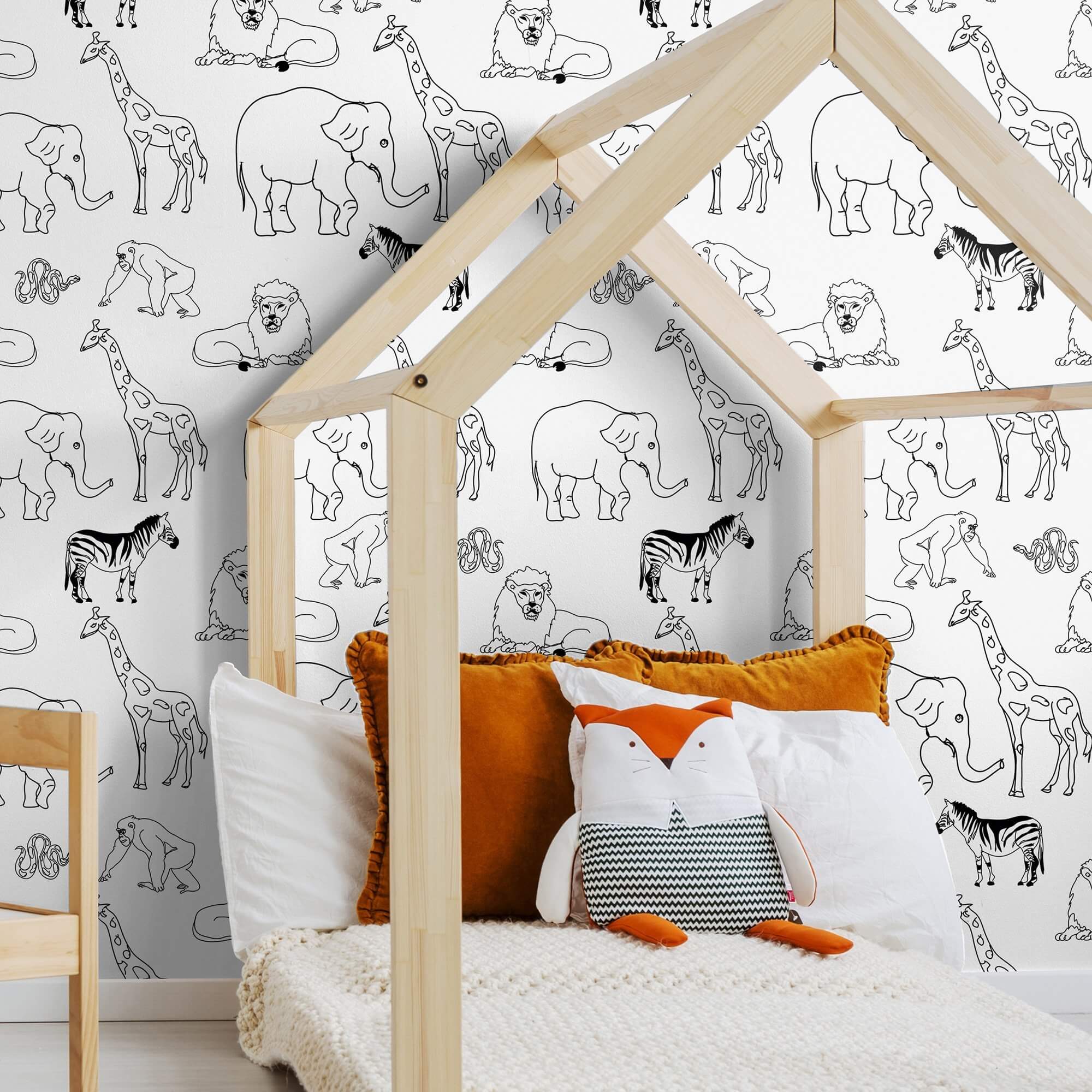 Black and White Animal Themed Peel and Stick Removable Wallpaper for Kids - Perfect for Nursery, Bedroom, and Playroom Decor (1587)