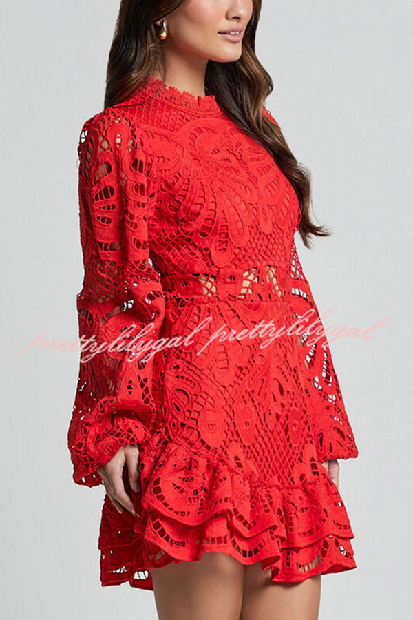 Elegant Solid Color Hollow Long Sleeve Waisted Lace Mini Dress for Women - Perfect for Parties, Dates & Special Occasions