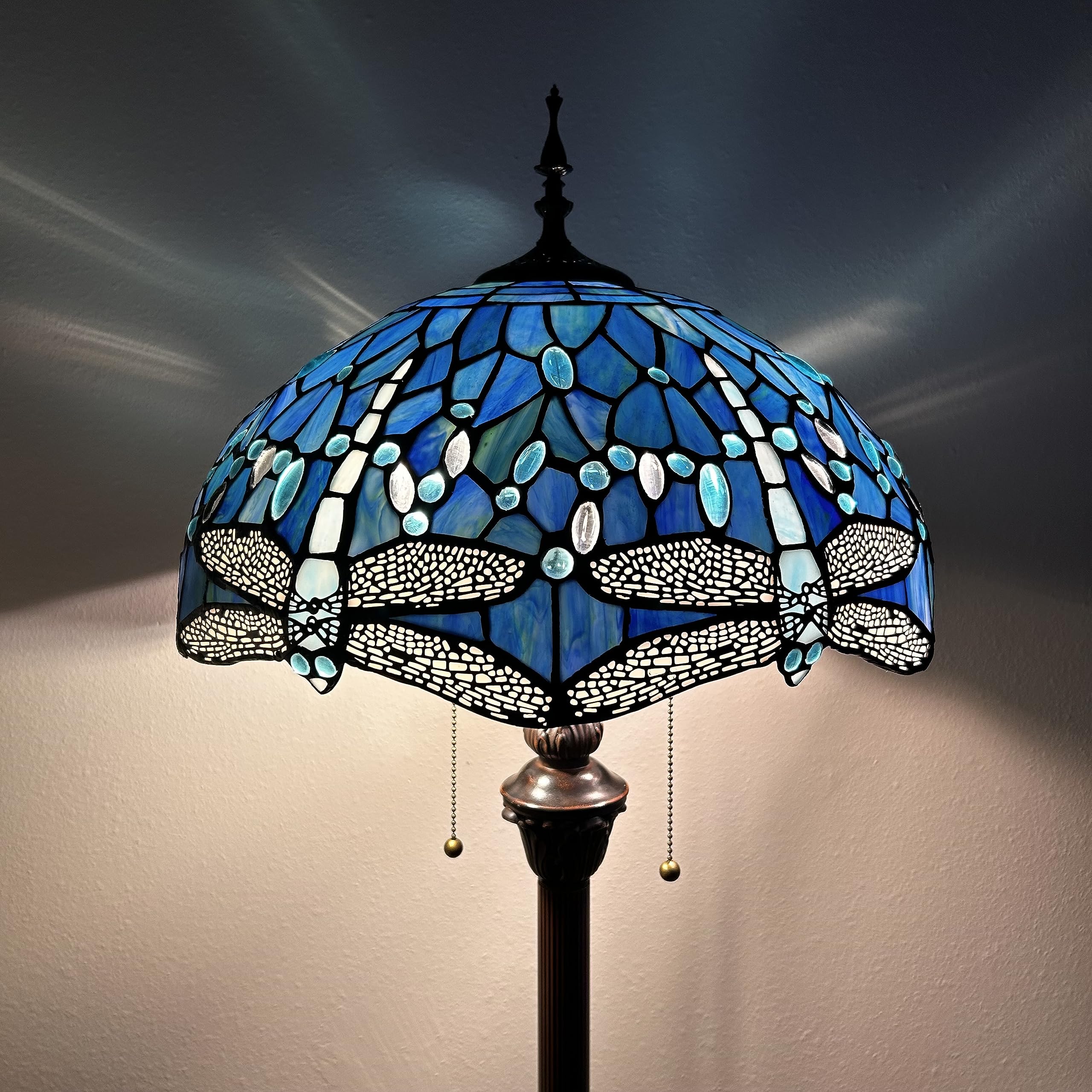 Tiffany Blue Stained Glass Dragonfly Floor Lamp with Metal Base & LED Bulbs - 16