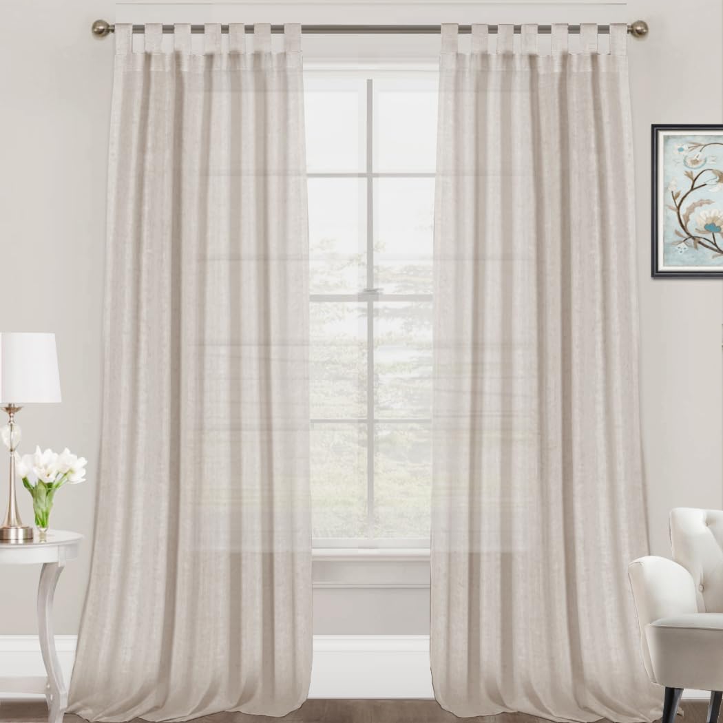 FantasDecor 108 Inch Linen Sheer Curtains - Light Filtering Window Drapes for Living Room & Bedroom, 2 Panels Tab Top, Neutral Country Rustic Farmhouse Boho Shades (Angora) - Perfect for Home Decor, Privacy & Sun Protection