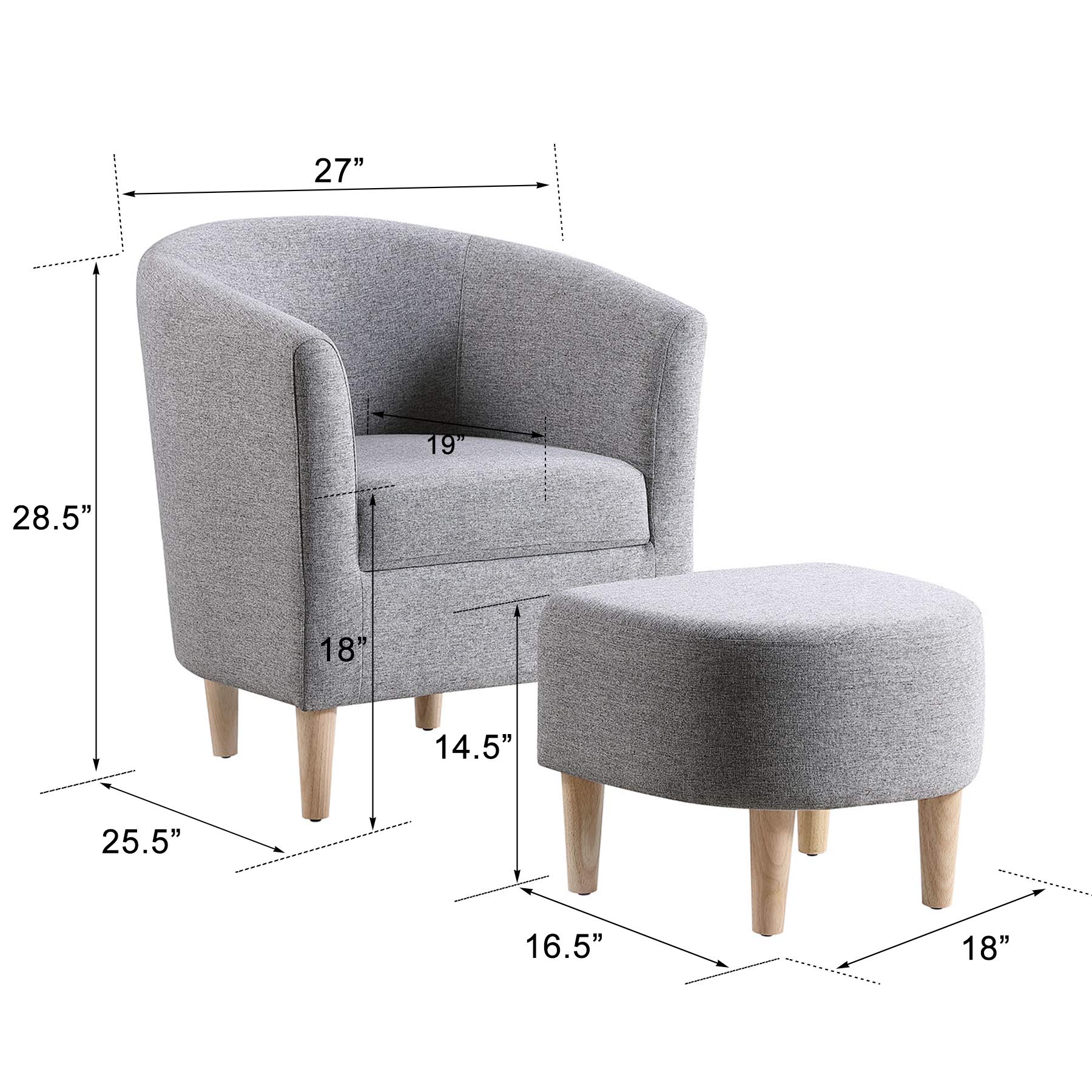 Modern Accent Chair with Ottoman Set of 2 - Upholstered Barrel Club Armchair & Footrest - Gray Fabric Living Room Furniture for Small Spaces, Bedroom, Apartment & Office - Perfect for Reading Nook, Lounge Area or Guest Seating
