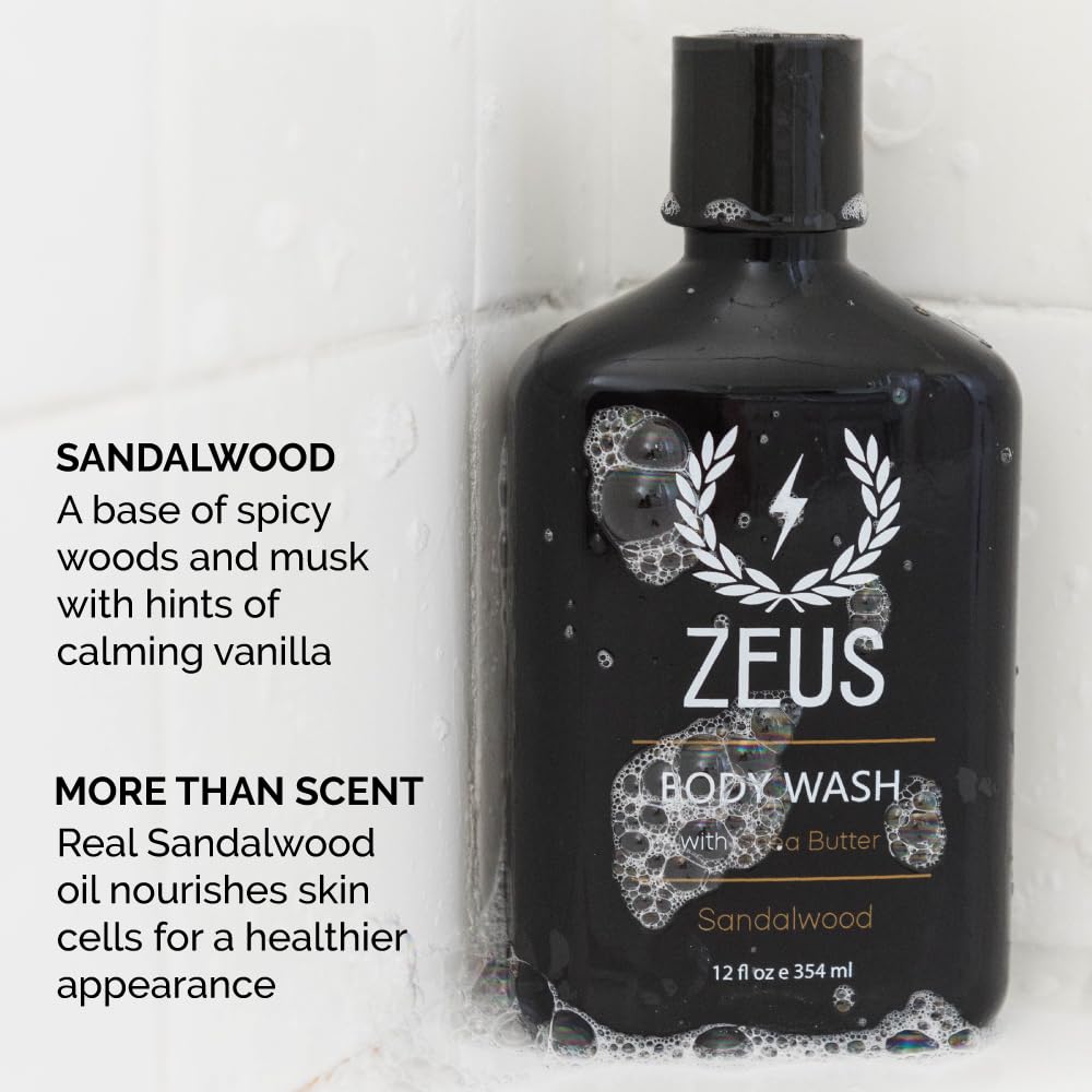 ZEUS Natural Body Wash for Men with Shea Butter & Aloe Vera - Essential Oils, Hydrating & Reviving Shower Gel - Made in USA (12 oz) - Perfect for Post-Workout & Daily Skincare Routine