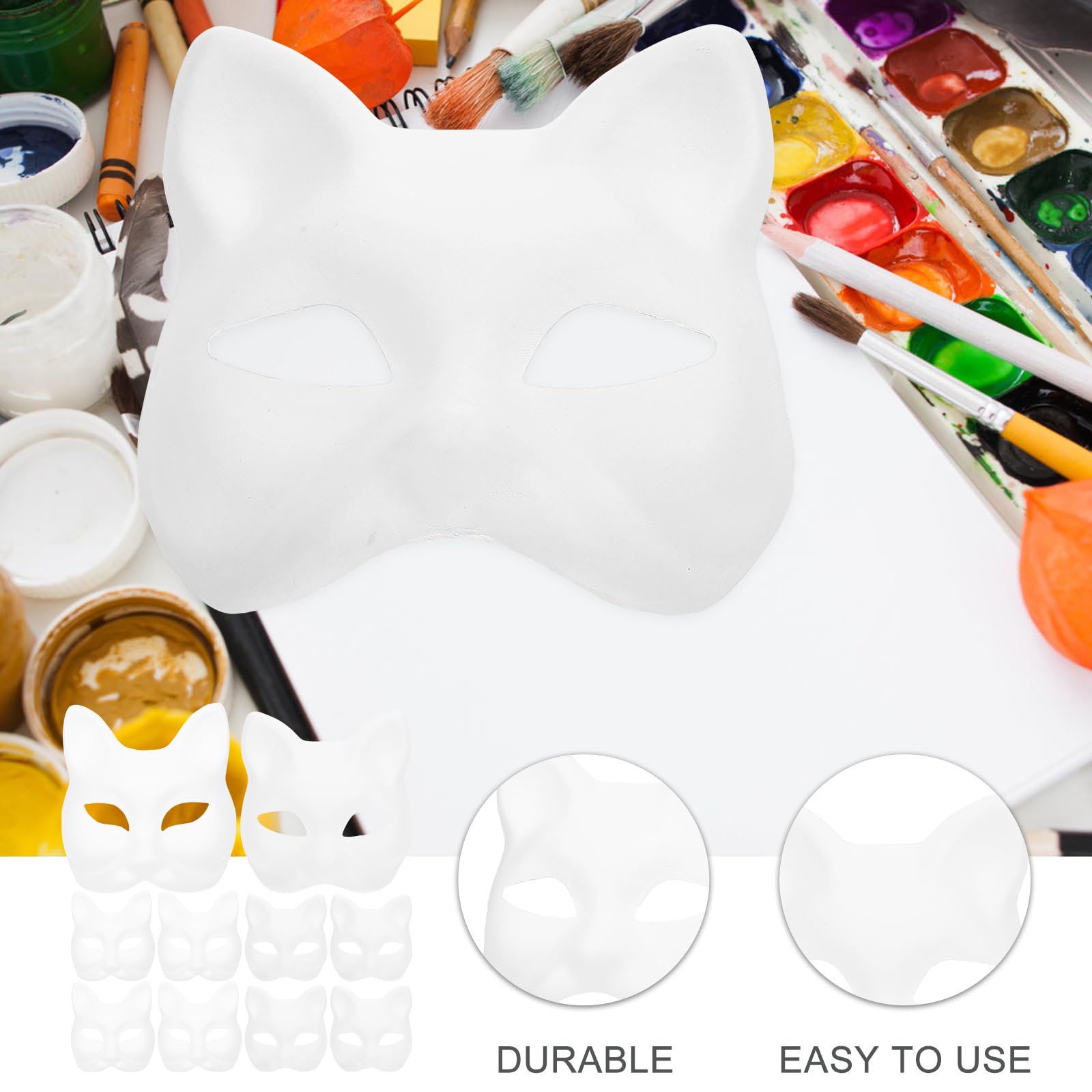 10pcs Unpainted DIY Cat & Fox Masks - Blank White Paper Masquerade Masks for Halloween Costume Party, Cosplay, Face Painting & Craft Projects