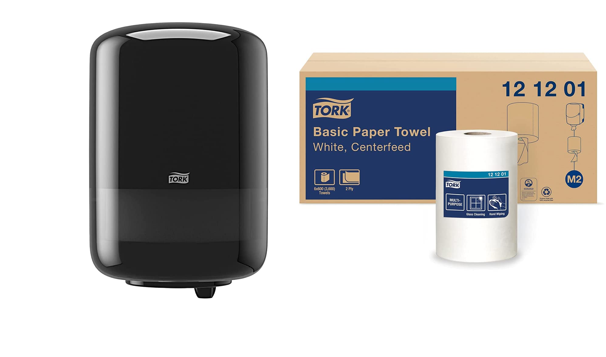 Tork Industrial Centrefeed Dispenser Black - M2 + Refill - White Centerfeed Paper Towels, 6 x 600 Sheets for Workshop, Garage & Commercial Use