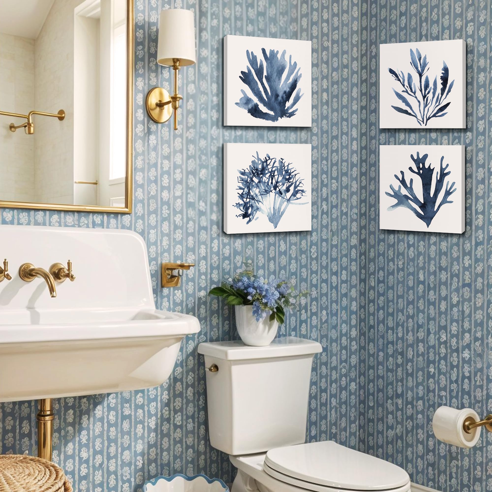 ArtbyHannah 4-Pack Blue Bathroom Wall Art Set - 12x12 Inch Navy Blue Coastal Ocean Coral Beach Canvas Prints for Bathroom Decor | Perfect for Coastal-Themed Bathrooms, Beach Houses & Nautical Home Decor